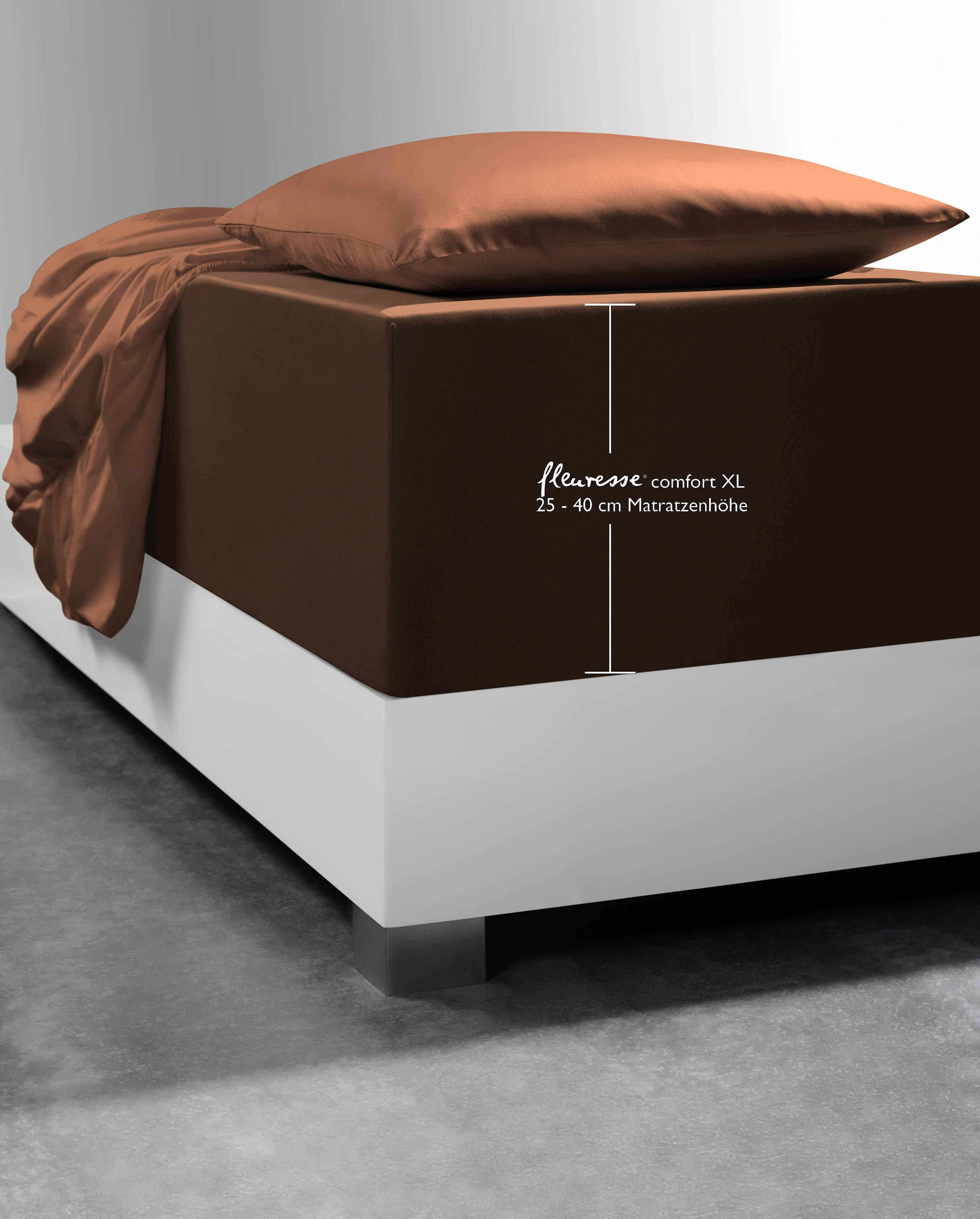 Spannbettlaken FLEURESSE "Comfort XL", braun (dunkelbraun), 1 Stk., Mako-Jersey, 100x200 100x210 100x220 90x200 90x210 90x220 40, Mako-Jersey, Obermaterial: 96% Baumwolle, 4% Elasthan (LYCRA), Bettlaken, Mako-Jersey, für Matratzen bis 40 cm Höhe,... Image