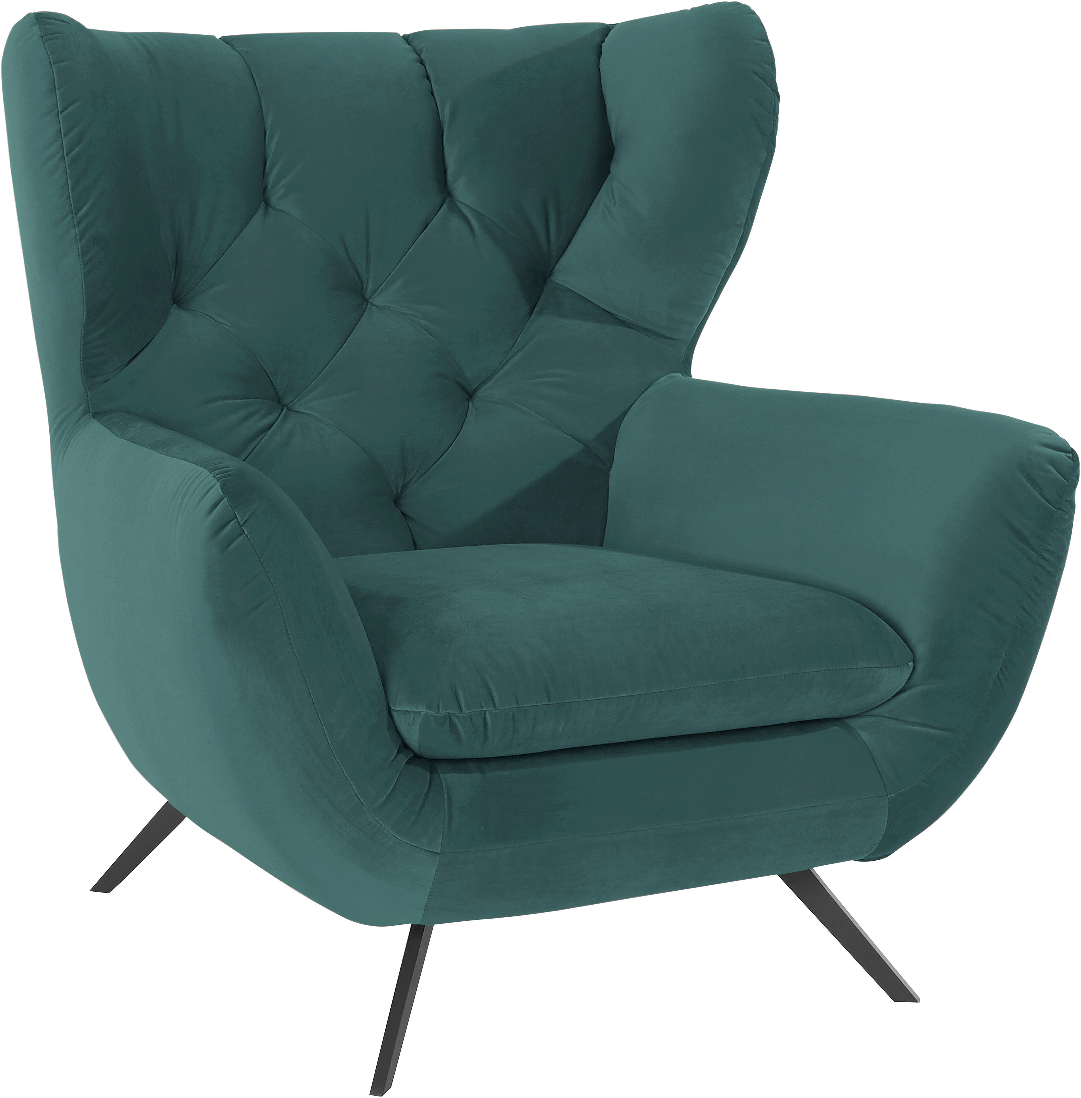 Sessel 3C CANDY "Beatrice Ohrensessel mit Knopfheftung im Rücken", grün (dunkelgrün), B:100cm H:106cm T:95cm, Samt-Optik (100% Polyester), Sessel, Einzelsessel Ohrensessel, bequemer Retro Solitärsessel auch in Cord und Fellimitat