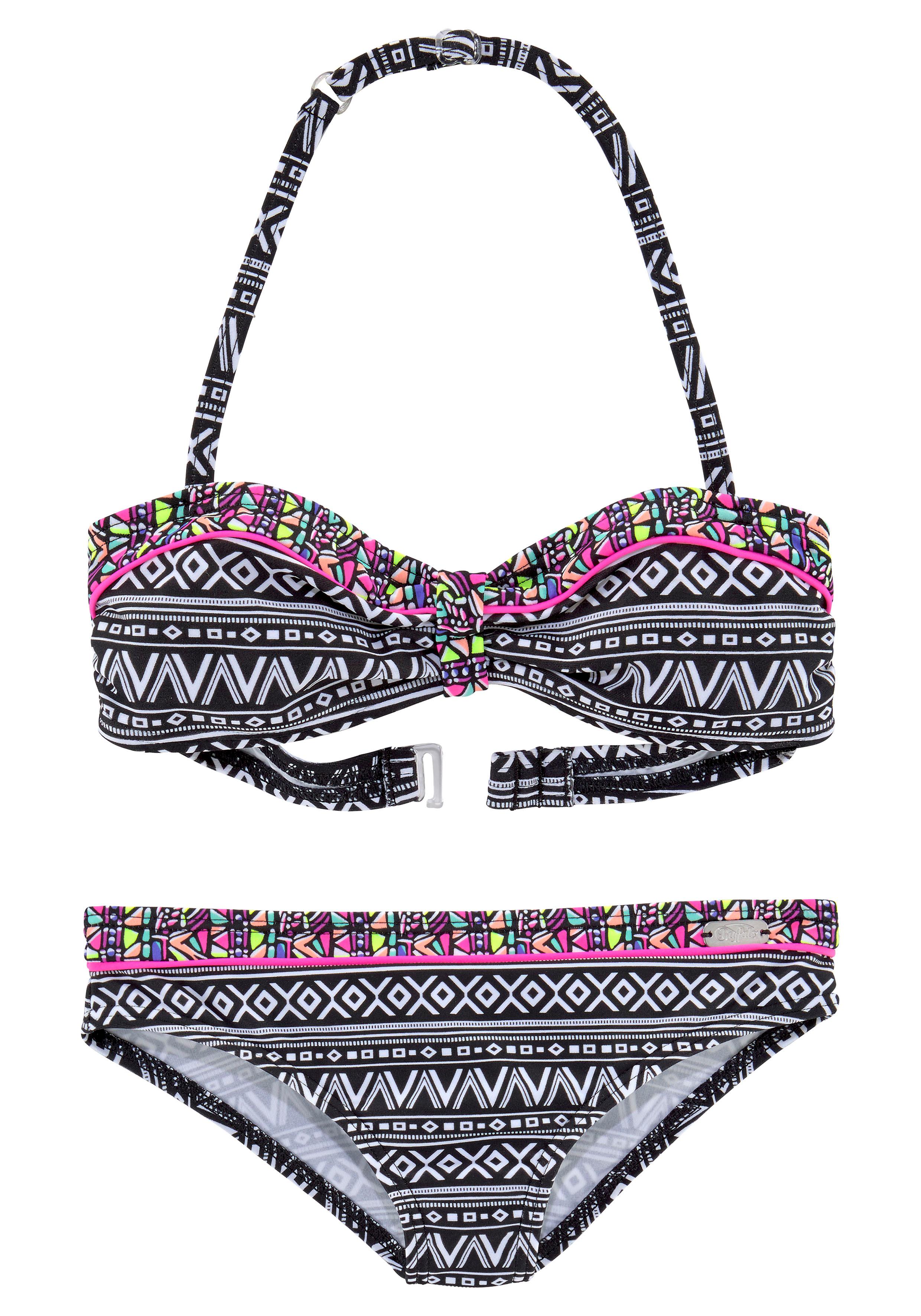 Bandeau-Bikini BUFFALO, Kinder, Gr. 146/152, N-Gr, schwarz-weiß (schwarz, weiß), Polyamid, Bikini-Sets, mit Ethnodruck und Kontrastdetails Image
