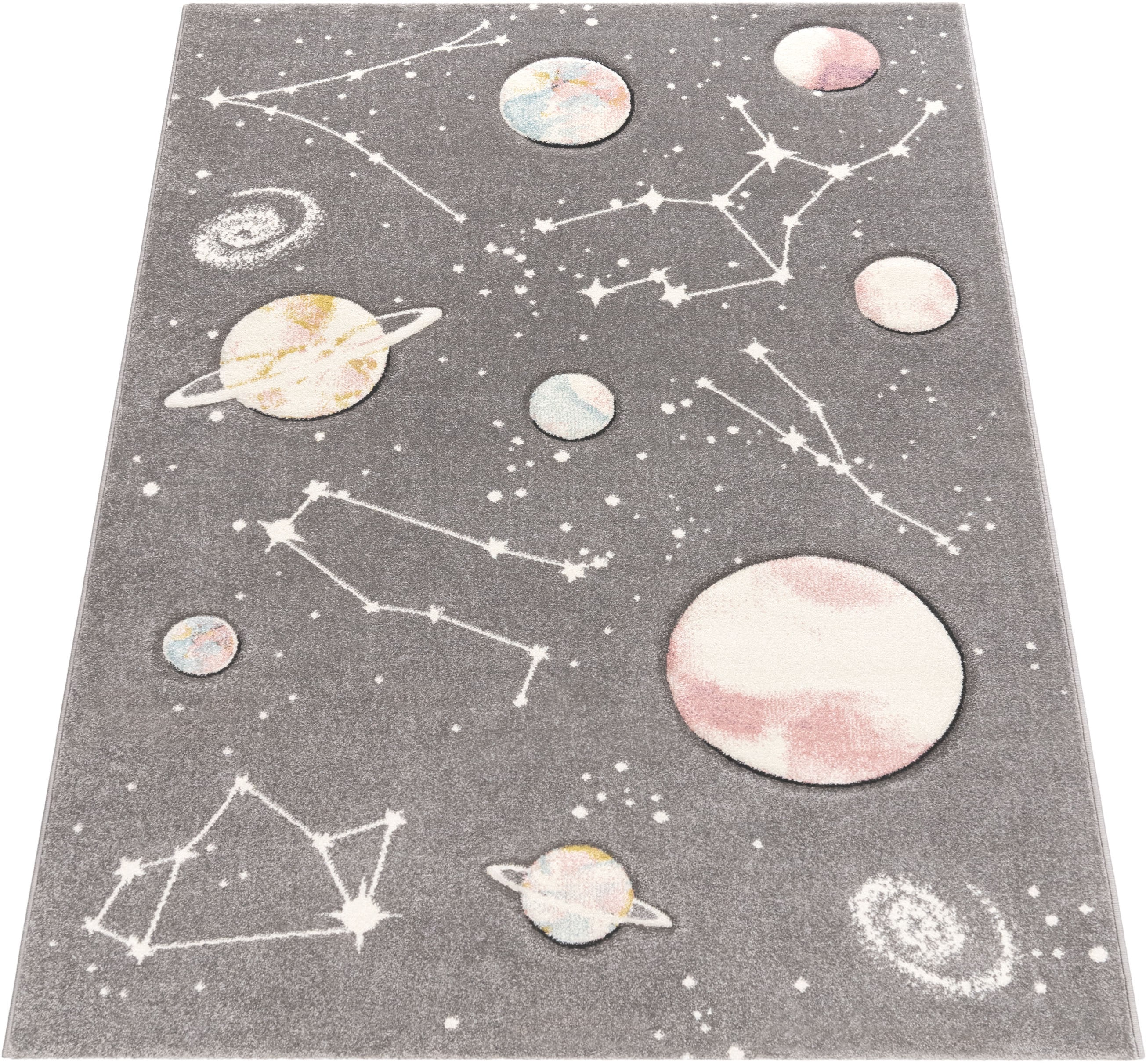 Kinderteppich PACO HOME "Cosmo 347", grau, B:160cm H:12mm L:230cm, Polypropylen, Teppiche, Kinderteppich, 3D-Design, Motiv Weltraum, Kinderzimmer