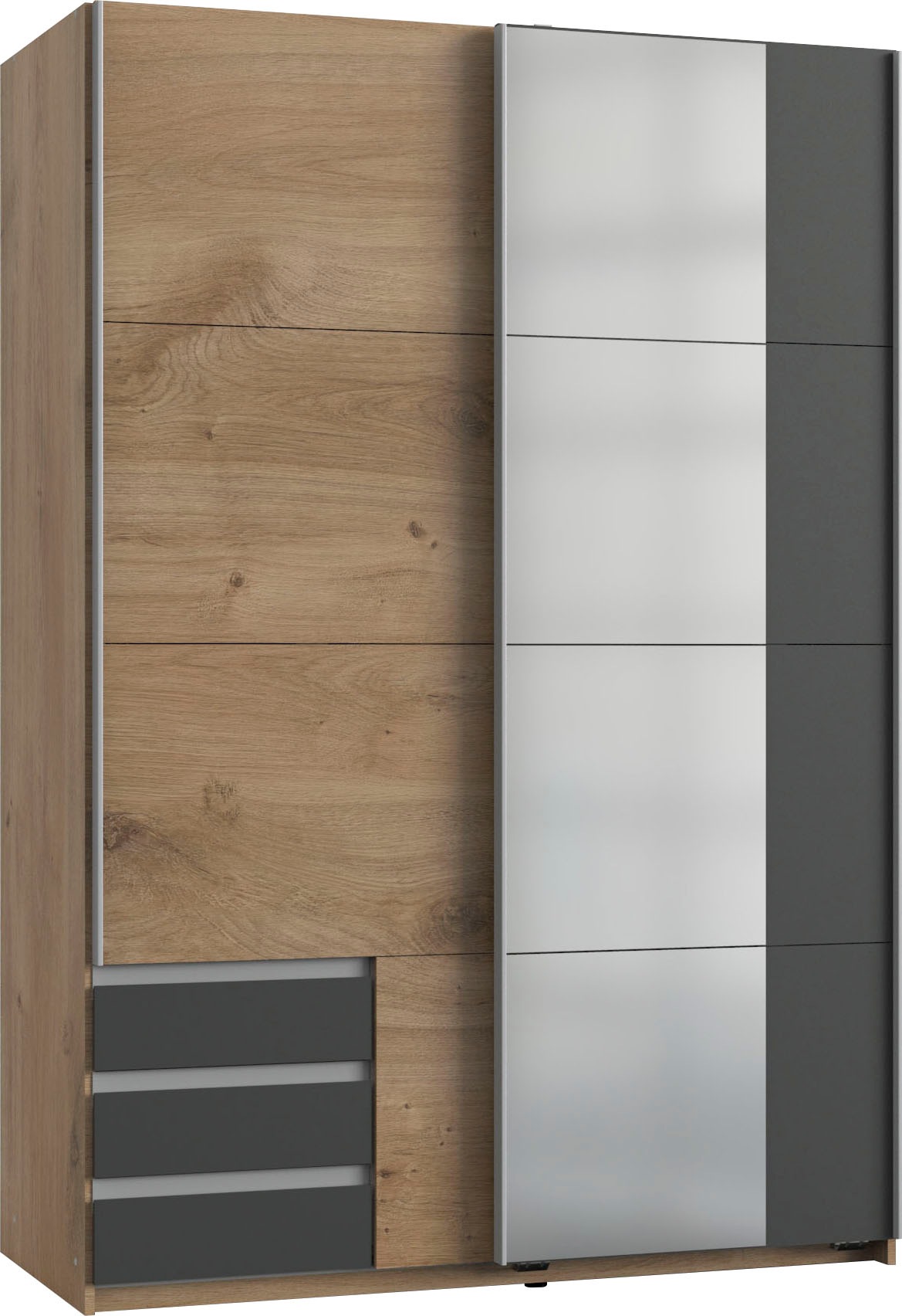 Schwebetürenschrank WIMEX "Emden moderner Kleiderschrank mit Spiegel und Schubladen BESTSELLER", grau (plankeneiche nachbildung, graphit), B:135cm H:198cm T:64cm, Schränke, Schwebetürenschrank, Schlafzimmer Schrank Garderobenschrank mit Schwebetüren...