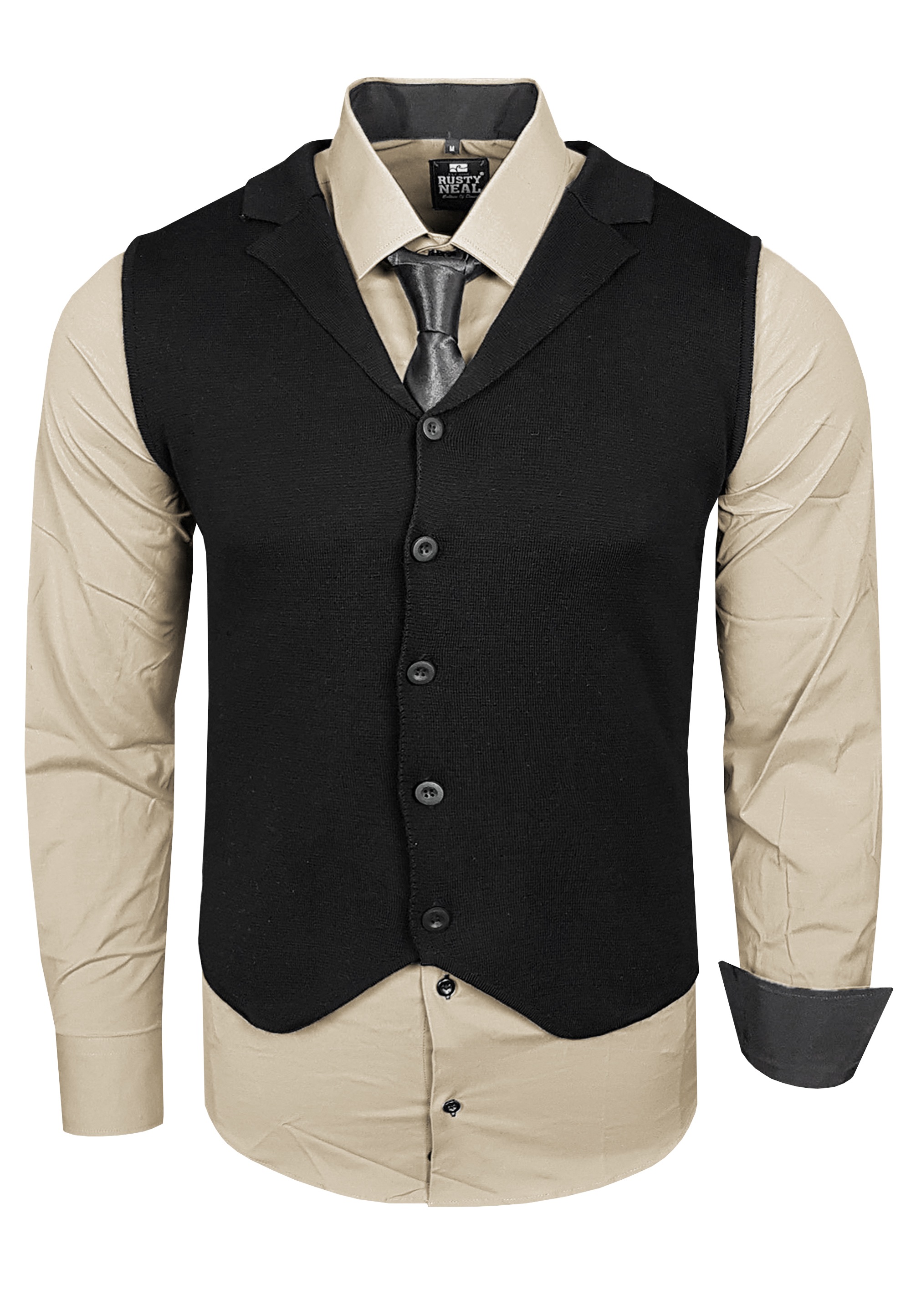 Langarmhemd RUSTY NEAL, Herren, Gr. 3XL, EURO-Größen, beige, 60% Baumwolle, 37% Polyester, 3% Elasthan, mehrfarbig, ohne Ausschnitt, Hemden, bestehend aus Hemd, Weste und Krawatte Image
