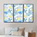 Rosecliff Heights Vacation Sun w/ Water Waves Sun & Umbrella I - Patterned Framed Canvas Wall Art Set Of 3 Metal in Blue/Yellow | Wayfair