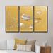 Red Barrel Studio® Gold Bird On Blossoms I - 3 Piece Floater Frame Print on Canvas Metal in Gray/Red | 32 H x 48 W x 1 D in | Wayfair