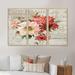 One Allium Way® Red Painted Flowers On Vintage Postcard III - 3 Piece Painting on Canvas Canvas, Wood in White | 28 H x 36 W x 1 D in | Wayfair