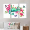 Bayou Breeze Green Chameleon w/ Butterflies & Flowers III - Traditional Framed Canvas Wall Art Set Of 3 Canvas, in White | Wayfair