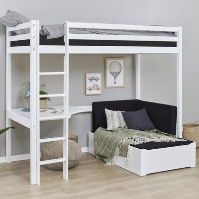 Hochbett HOPPEKIDS "ECO Dream 90x200 mit Schreibtisch & Loungesofa / Gästebett", schwarz (kiefer, weiß lackiert, schwarz), Liegefläche B/L: 90cm x 200cm, kein Härtegrad, kein Härtegrad, Hochbetten, Kinderbett aus Massivholz, Sofa ausziehbar zum...