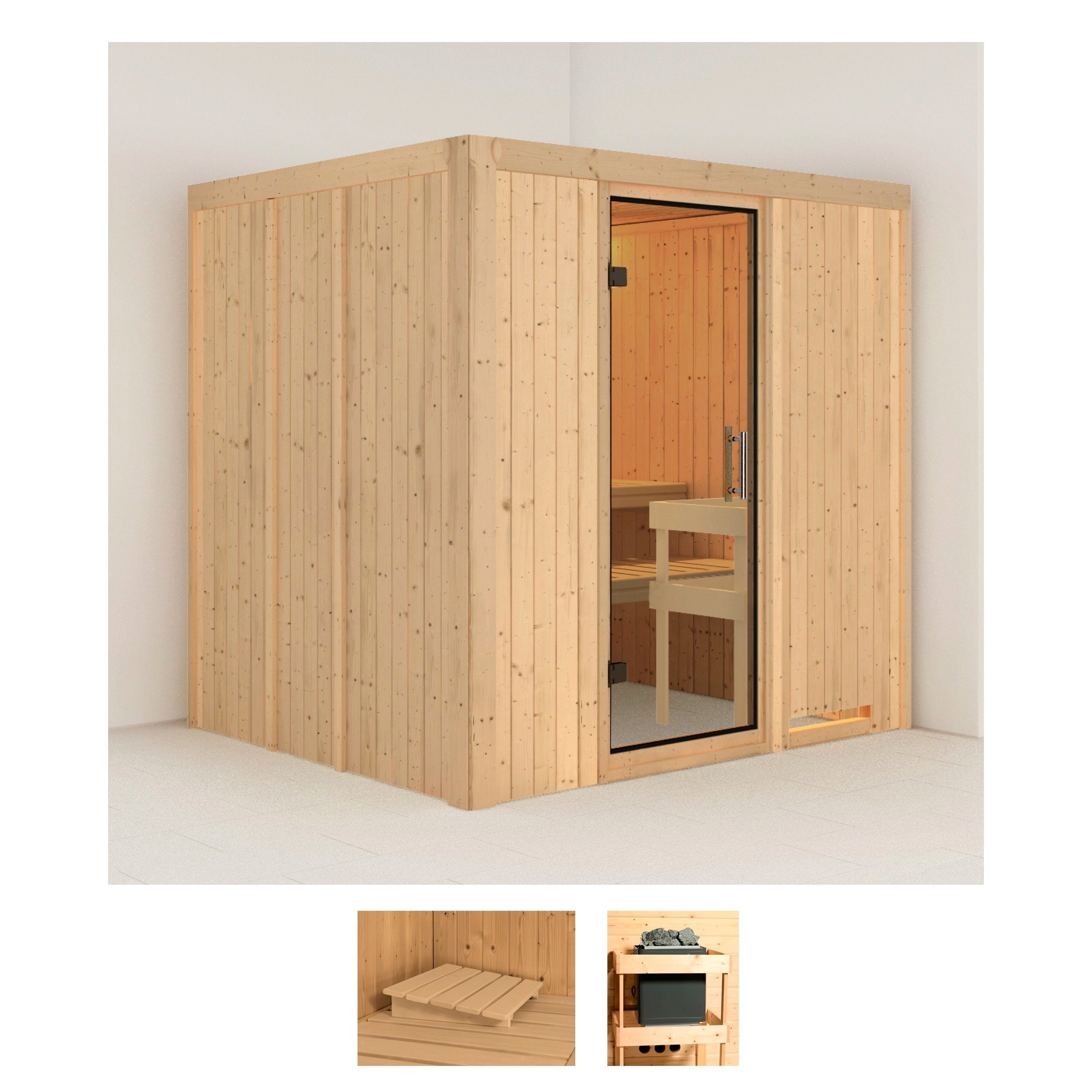 Sauna KARIBU "Sodin", beige (naturbelassen), ohne Ofen, (ohne Ofen), Saunen, ohne Ofen Image
