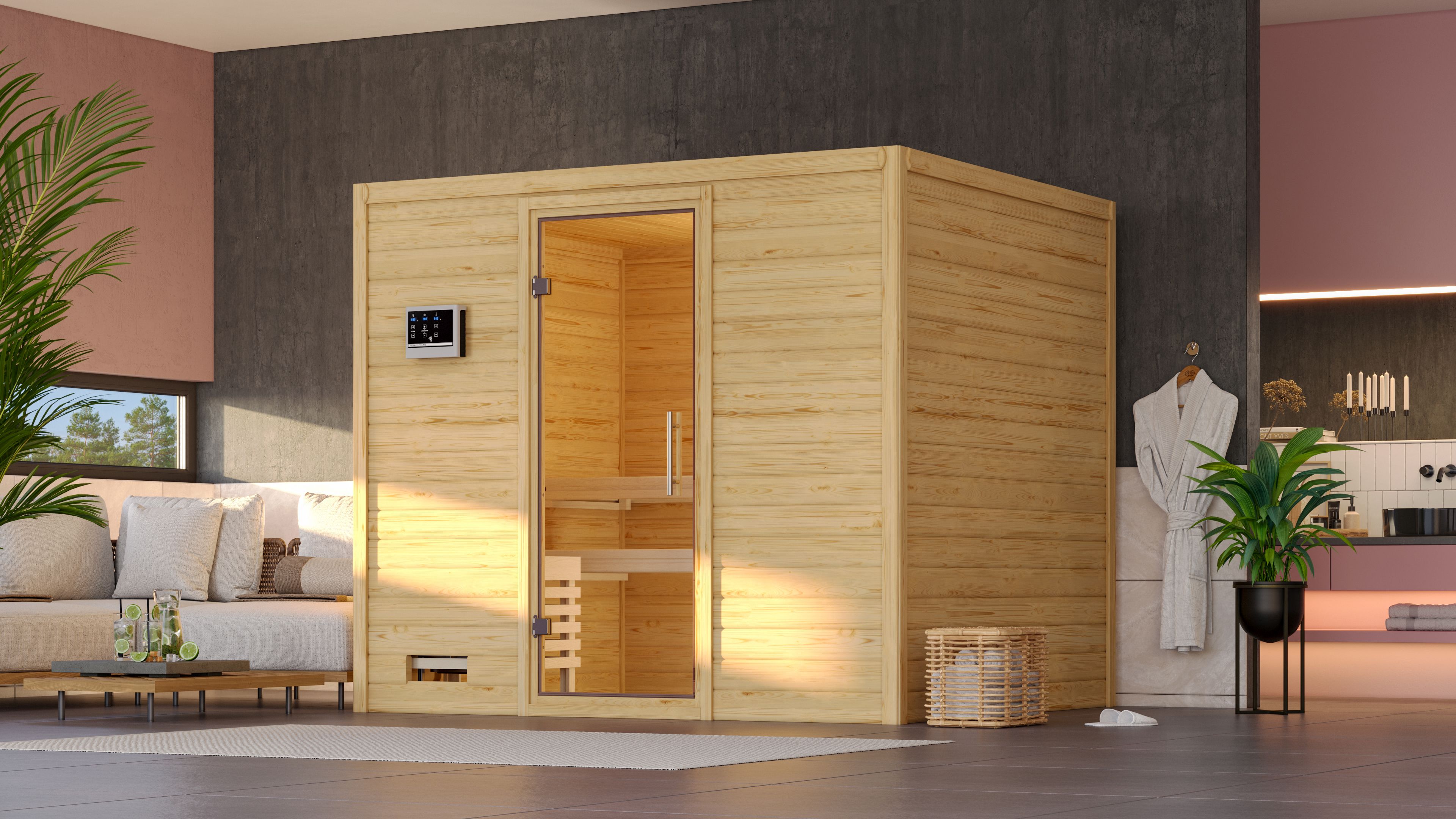 Sauna KARIBU "Soraja", beige (naturbelassen), ohne Ofen, (ohne Ofen), Saunen, ohne Ofen Image