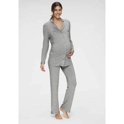 Umstandspyjama LASCANA, Damen, Gr. 32/34, grau, Single Jersey, Obermaterial: 95% Viskose, 5% Elasthan, meliert, klassisch, sehr bequem lang, V-Ausschnitt, Langarm eingesetzt Manschette, Homewear-Sets, mit Knopfleiste und Raffung an der Seitennaht