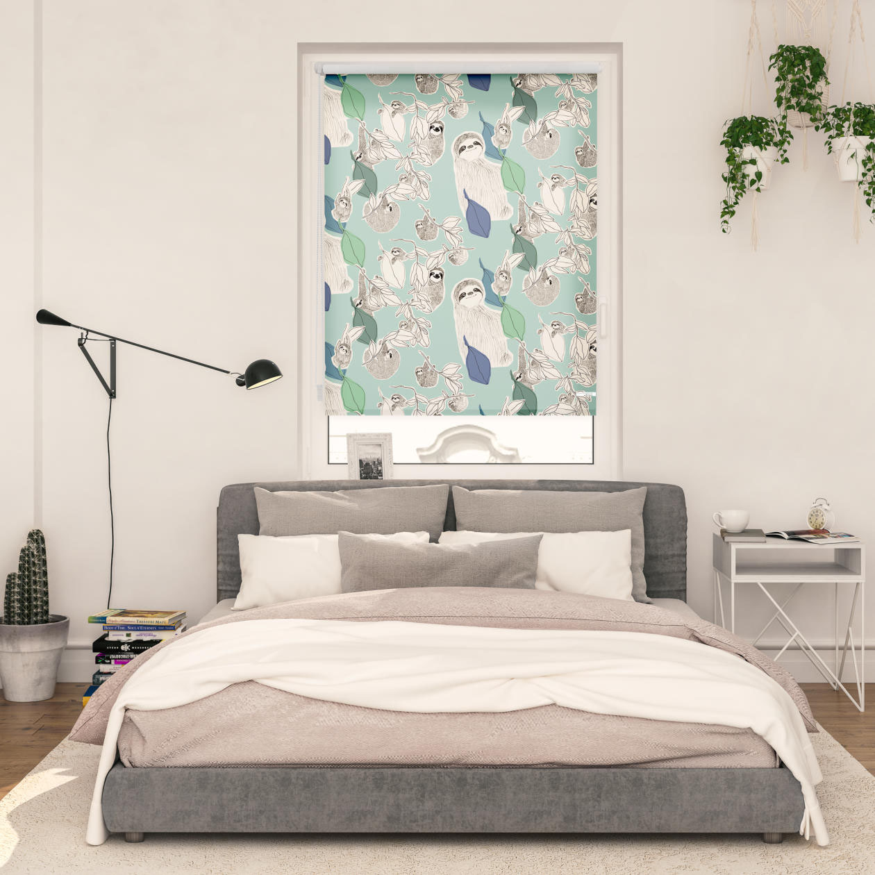 Seitenzugrollo LICHTBLICK ORIGINAL "Rollo Klemmfix, ohne Bohren, Verdunkelung, Sloths on turquoise - Grün", grün (grün, weiß), B:60cm H:150cm, Polyester, Rollos Image