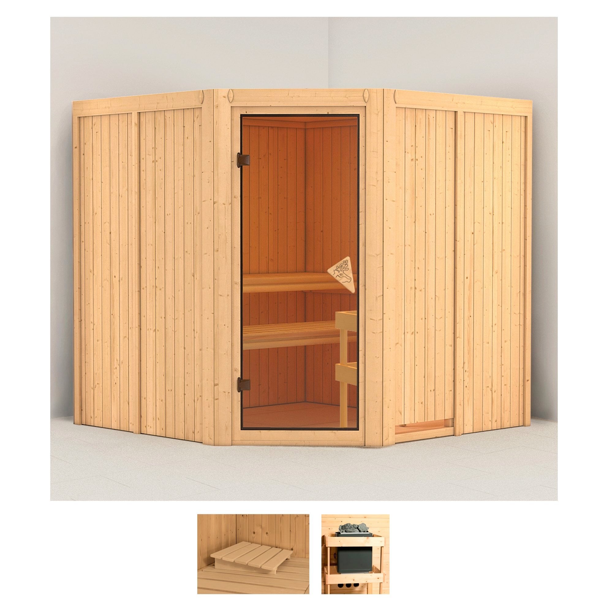 Sauna KARIBU "Jarin", beige (naturbelassen), ohne Ofen, (ohne Ofen), Saunen, ohne Ofen Image