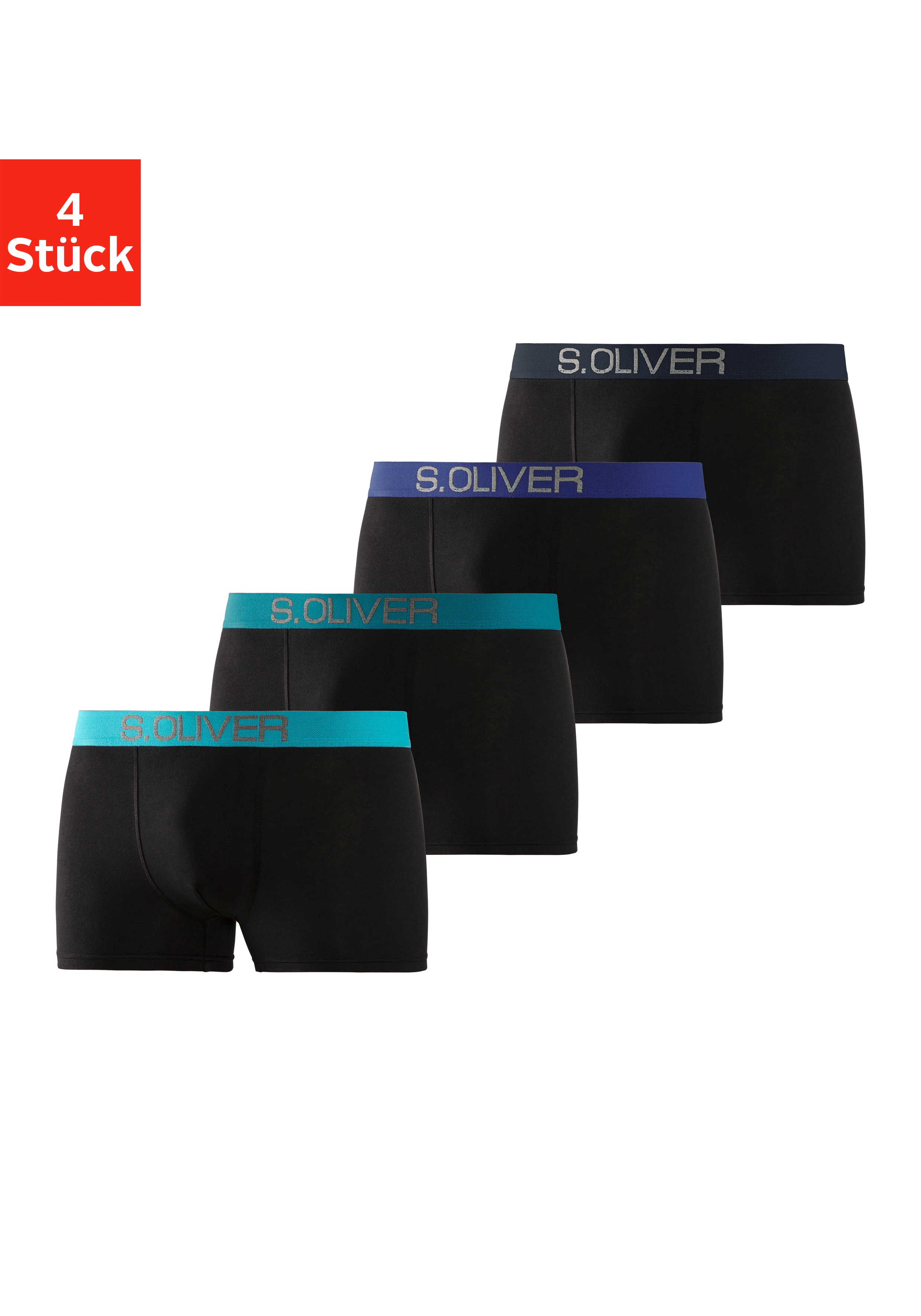 Boxer S.OLIVER "Boxershorts für Herren", Herren, Gr. XL, 4 Stk., bunt (schwarz, türkis, schwarz, hellblau, schwarz, marine, schwarz, royalblau), Jersey, Obermaterial: 92% Baumwolle, 8% Elasthan (LYCRA), unifarben, körpernah, Unterhosen, mit...