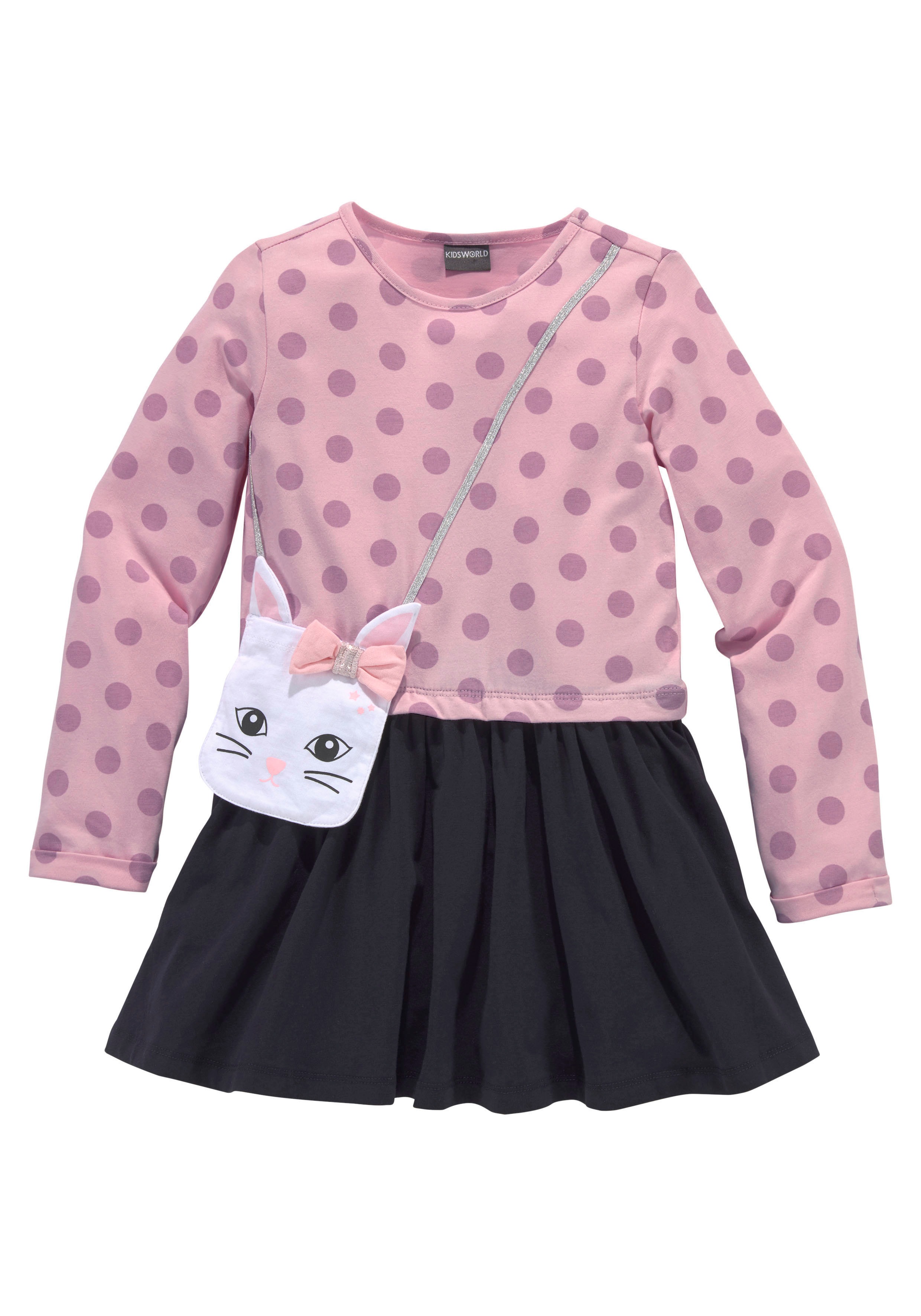 Jerseykleid KIDSWORLD "für kleine Mädchen", Mädchen, Gr. 140/146, N-Gr, rot (rosa, marine), Jersey, Obermaterial: 95% Baumwolle, 5% Elasthan, bedruckt, gepunktet, mehrfarbig, ausgestellt kniefrei, Rundhals, Aufschlag, Kleider, ideal für festliche... Image