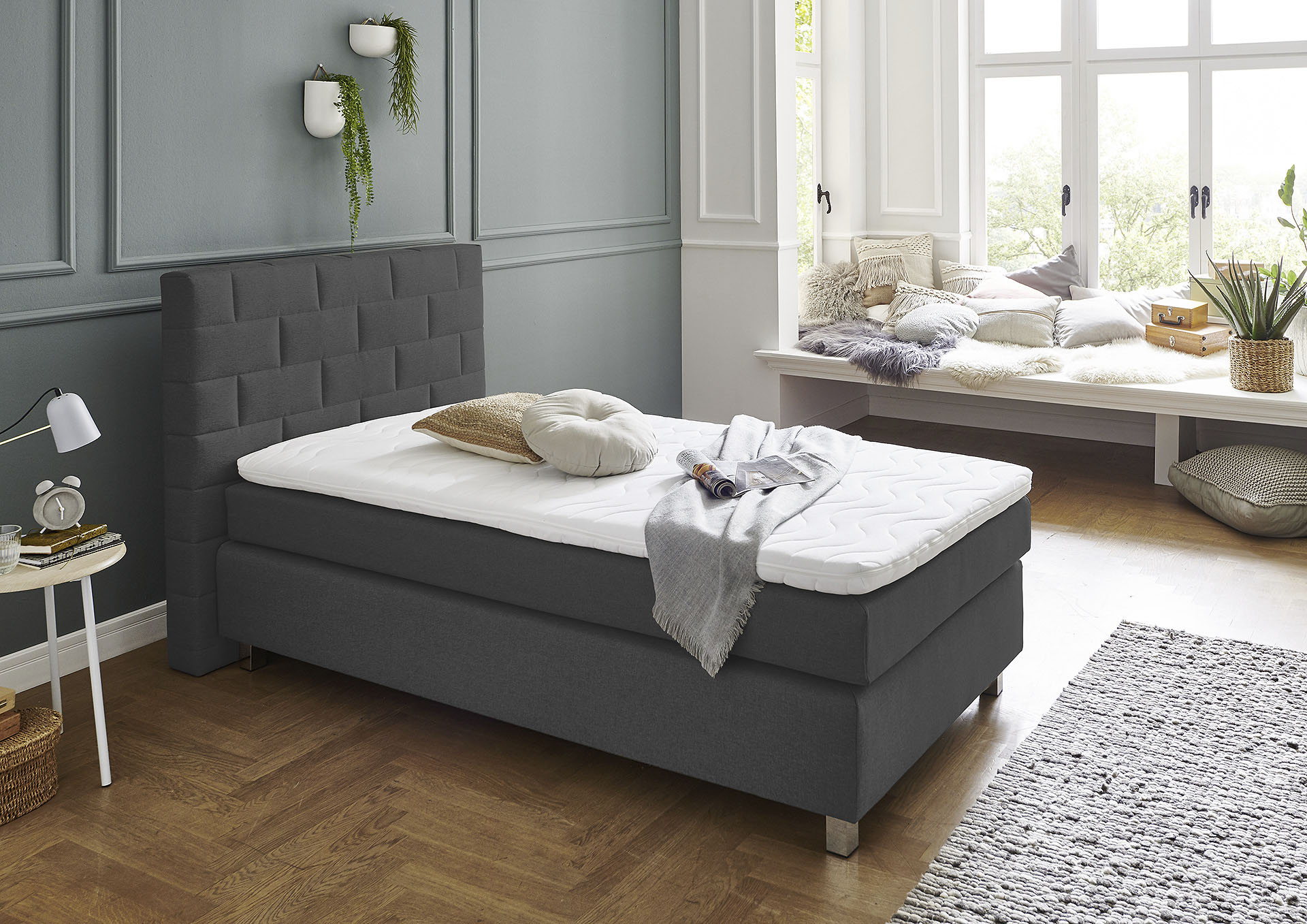 Boxspringbett, grau (charcoal), B:115cm L:210cm, Bezug Bett: Feinstruktur 100% Polyester;Bezug Bonnell-Federkernmatratze: 100% Polyester;Bezug Kaltschaummatratze: 100% Polyester;Bezug Tonnentaschenfederkernmatratze: 80% Baumwolle,...