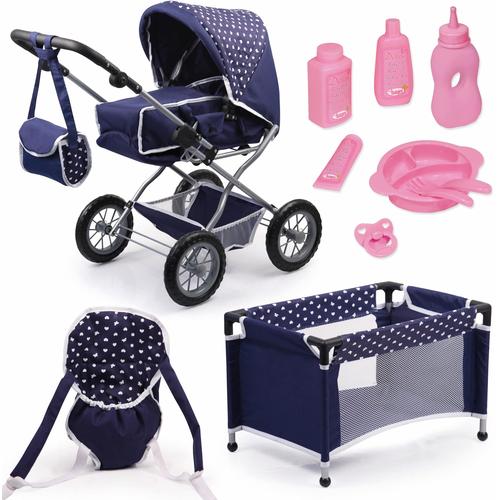 „Kombi-Puppenwagen BAYER „“Grande, Blau/Weiß““ Puppenwagen blau (blau, weiß) Kinder Puppenwagen -trage mit Puppenbett und Puppenzubehör“