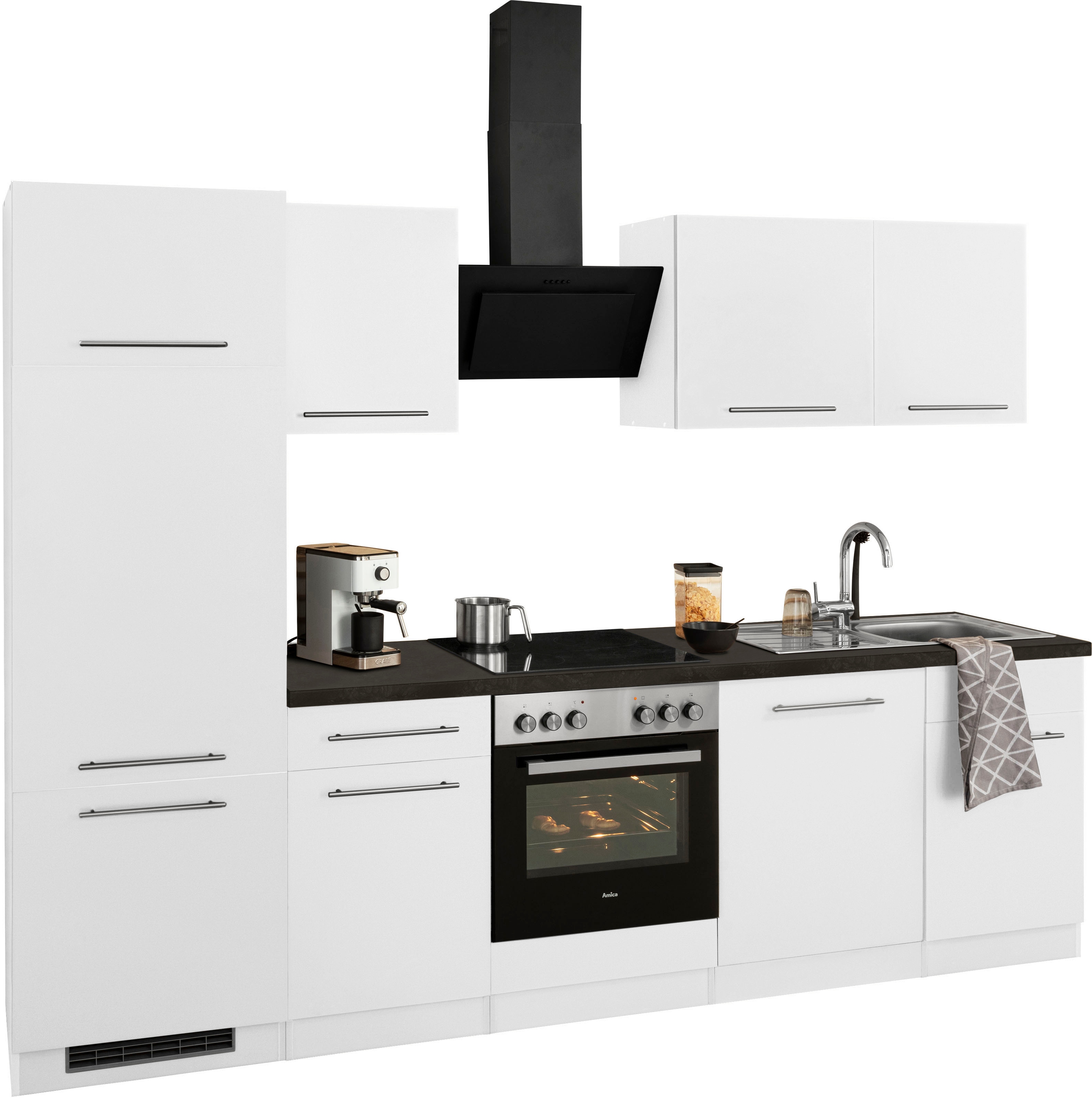 Küchenzeile WIHO KÜCHEN "Unna", weiß (küche: grau, korpus: weiß, arbeitsplatte: granit schwarz), B:280cm T:60cm, Komplettküchen-Sets, Küchenzeile, ohne E-Geräte, Breite 280 cm