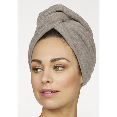 Turban-Handtuch MY HOME "Juna, als Set und Serie erhältlich, 2 Turbanhandtücher 24x61cm", grau (taupe), B:24cm L:61cm, Walkfrottee, Obermaterial: 100% Baumwolle, Handtücher (Packung), 100% Baumwolle, Turban, Uni-Farben, weich Image