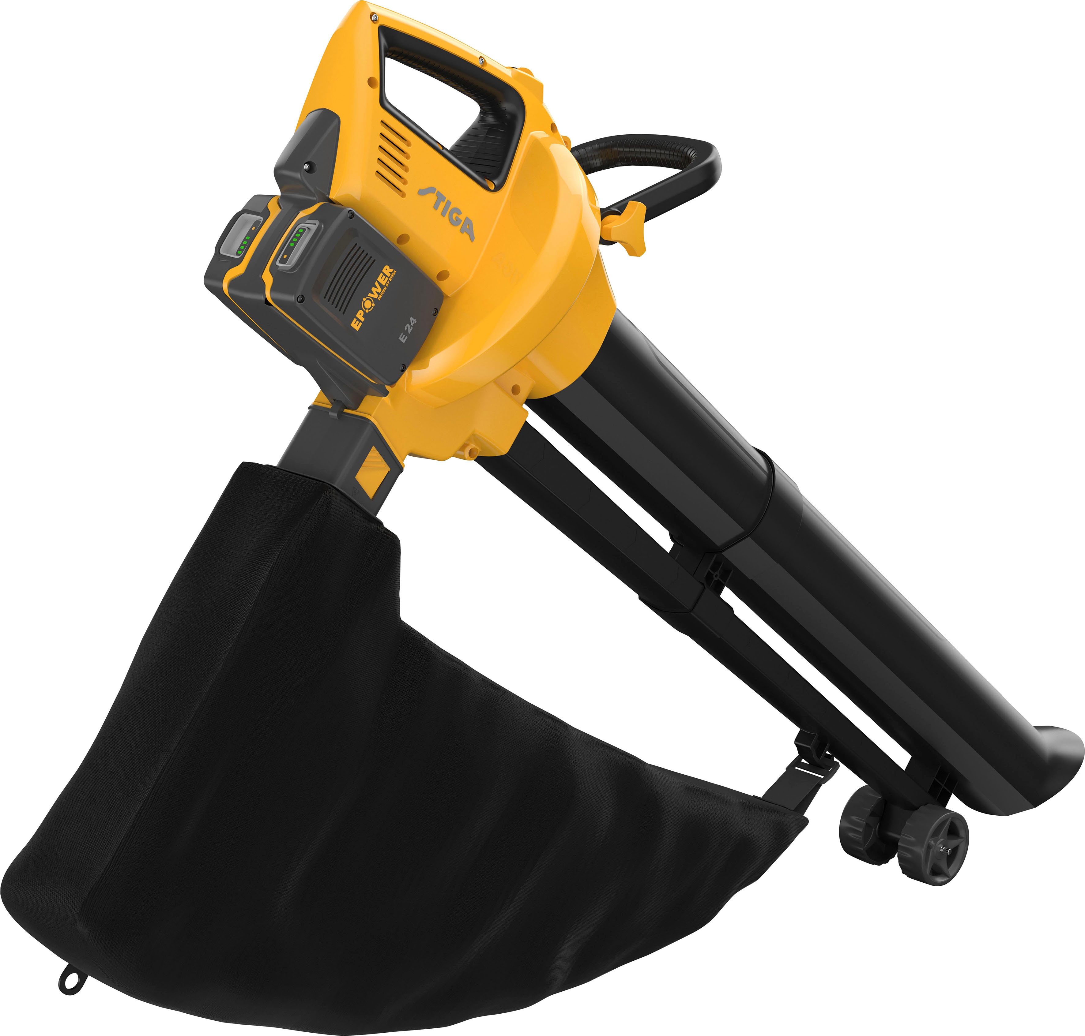 Akku-Laubsauger STIGA GARDEN "VS 100e", gelb, B:20cm H:37cm L:119cm, Kunststoff, Laubsauger, 198 km/h Blasgeschwindigkeit, 2 Akkus 20V/4Ah und Doppel-Ladegerät