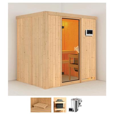 Sauna KARIBU "Finja", beige (naturbelassen), Bio-Kombiofen, externe Steuerung, 3,6 kW, Saunen, 3,6-kW-Bio-Plug & Play Ofen mit externer Steuerung