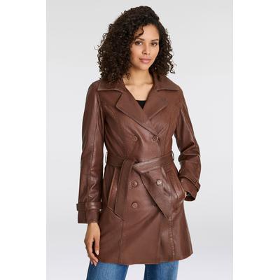 Ledermantel MAURITIUS "GWTaresa", Damen, Gr. 48 (4XL), braun (cognac), Obermaterial: 100% Schafsleder. Futter: 100% Baumwolle. Ärmelfutter: 100% Polyester, unifarben, clean, modisch, lässig geschnitten knielang, Mäntel, Leder-Trenchcoat mit Bindegürtel Image