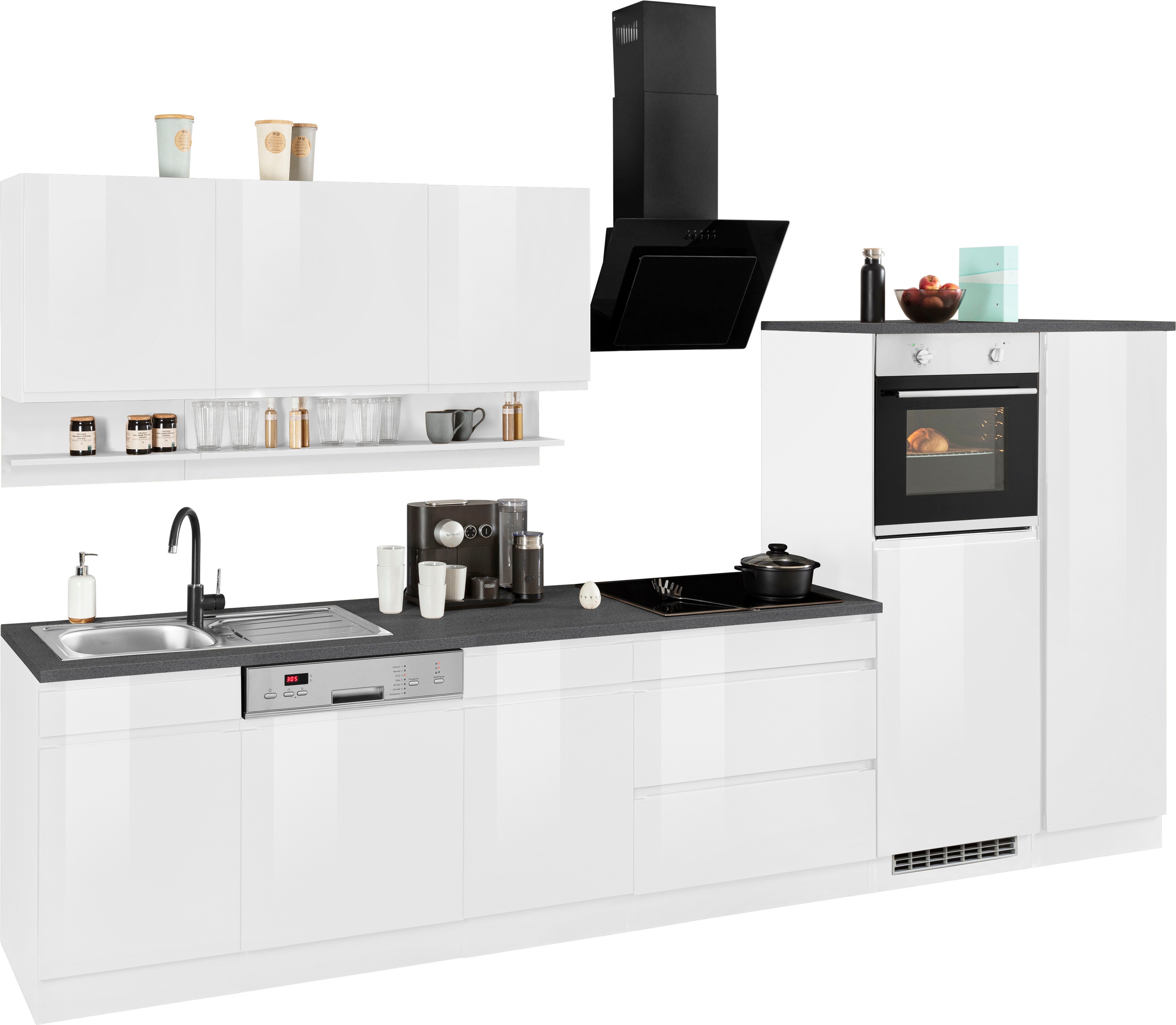 Küchenzeile KOCHSTATION "KS-Virginia", bunt (küche: weiß, front: weiß hochglanz, korpus: weiß, arbeitsplatte: anthrazit), B:350cm H:200cm T:60cm, Komplettküchen-Sets, Küchenzeile, Breite 350 cm, ohne E-Geräte