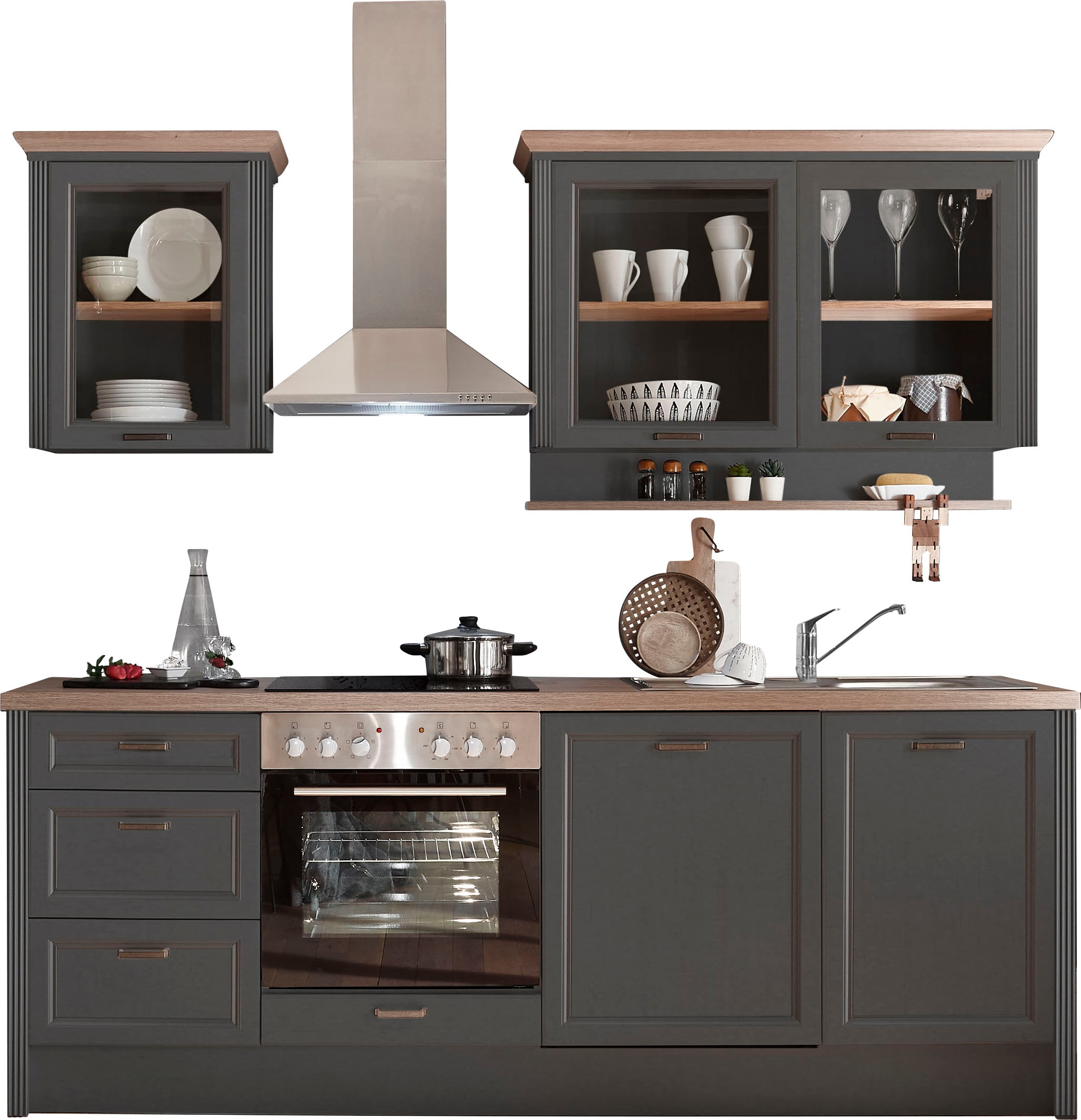 Küche KOCHSTATION "Jasmin", schwarz (küche: schwarz, front: anthrazit, korpus: anthrazit, arbeitsplatte: artisan eichefarben), B:230cm T:60cm, Komplettküchen-Sets, Küchenzeile, 230 cm breit, wahlweise mit oder ohne E-Geräte Image