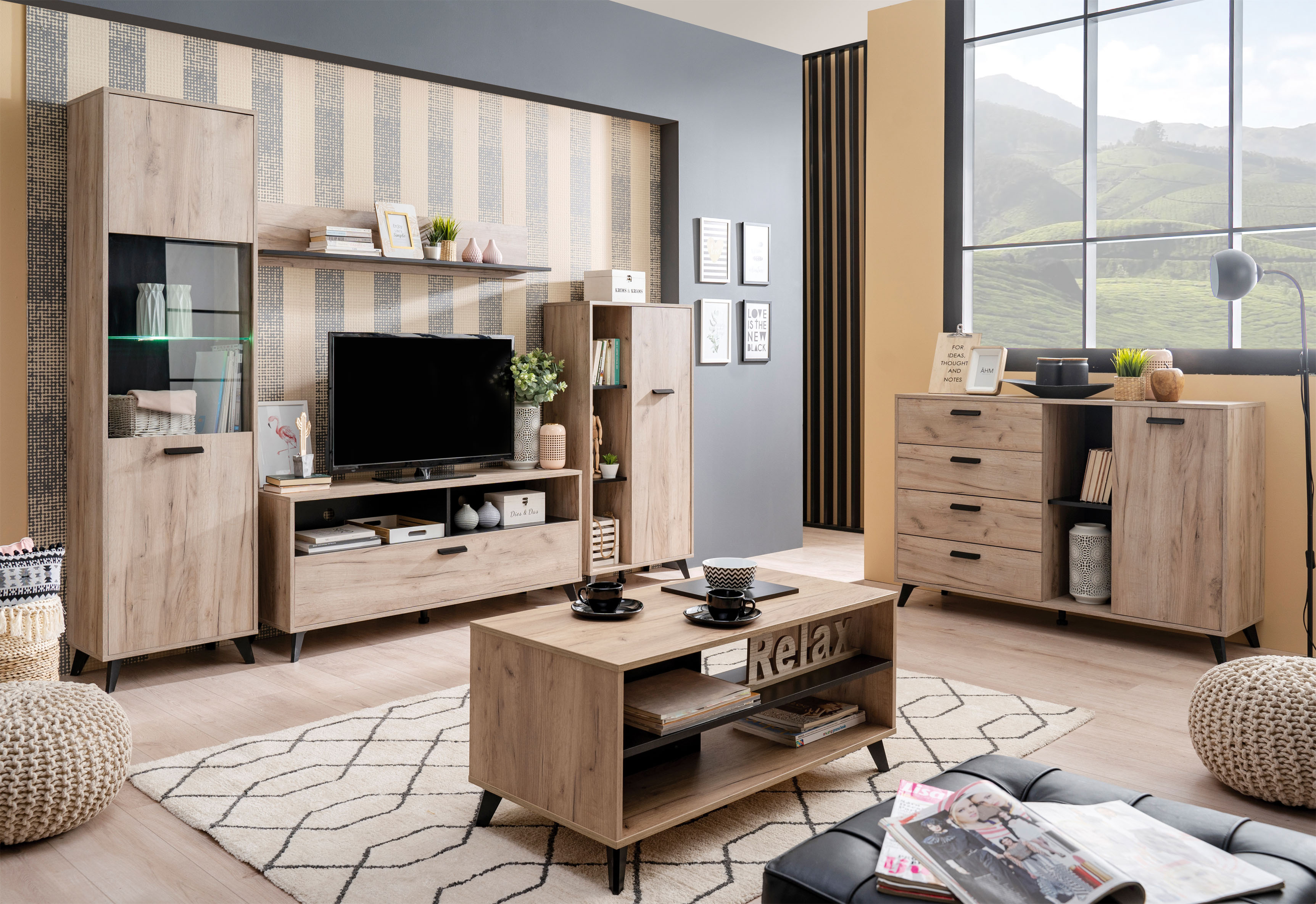 Wohnwand INOSIGN "Umbria", schwarz (grau eichefarben, schwarz), Kastenmöbel-Sets, Wohnwand