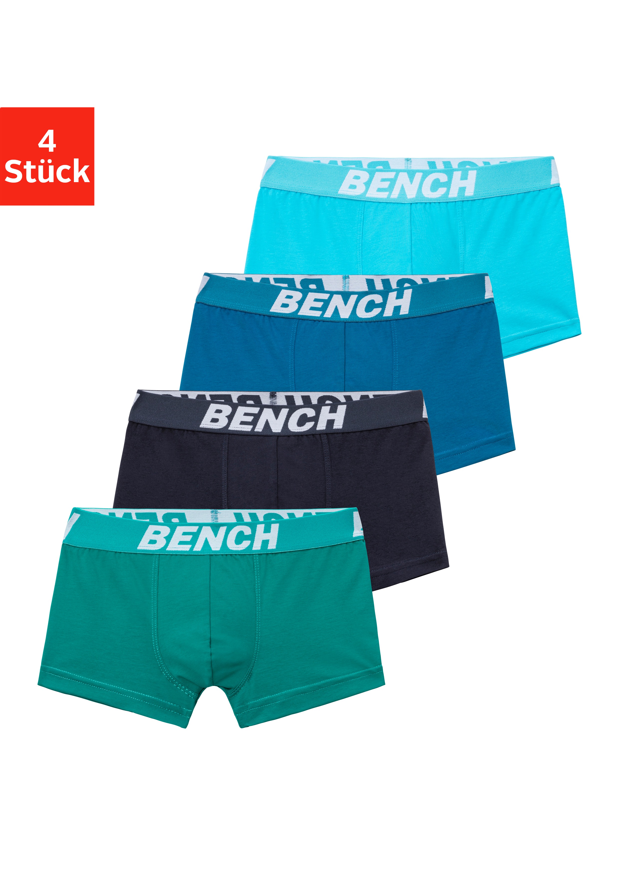 Boxer BENCH. "Boxershorts für Jungen", Kinder, Gr. 170/176, bunt (petrol, mint, navy, türkis), Single Jersey, Obermaterial: 92% Baumwolle, 8% Elasthan (LYCRA), unifarben, körpernah, Unterhosen, mit Bench Schriftzug im Bund Image