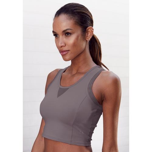 Funktionsshirt LASCANA ACTIVE Gr. M (40/42), grau (stone) Damen Shirts Sportbekleidung Sporttop Tops mit Racerback und Mesh-Einsätzen