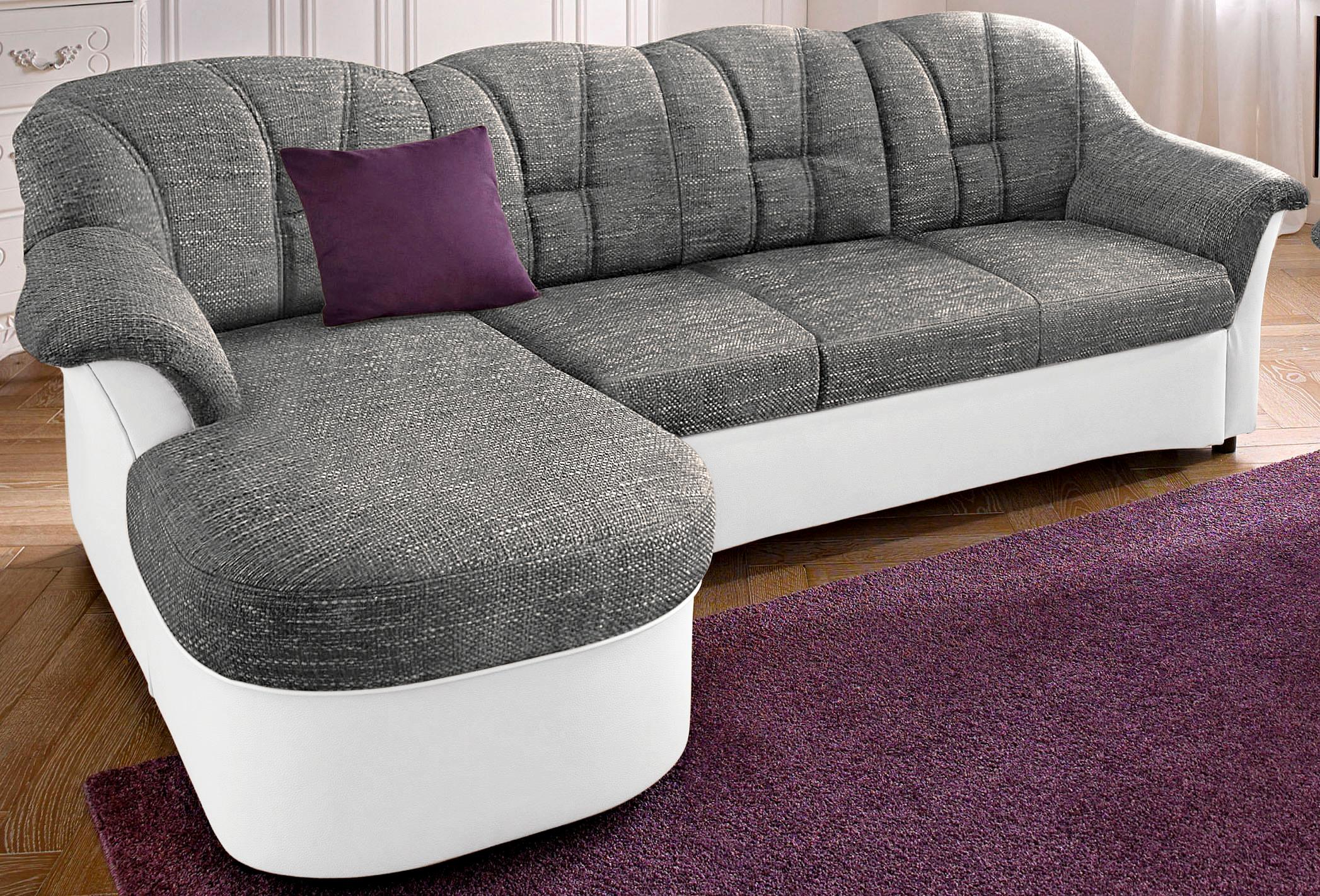 Ecksofa DOMO COLLECTION "Flores Schlafsofa, B/T/H: 233/142/86 cm, L-Form", weiß (weiß, weiß, grau), B:231cm H:84cm T:142cm, Kunstleder SOFTLUX / Struktur ( 90% Polyester, 10% Polyacryl );NaturLEDER (echtes Rindsleder) in Sitz und Rücken. Korpus in...