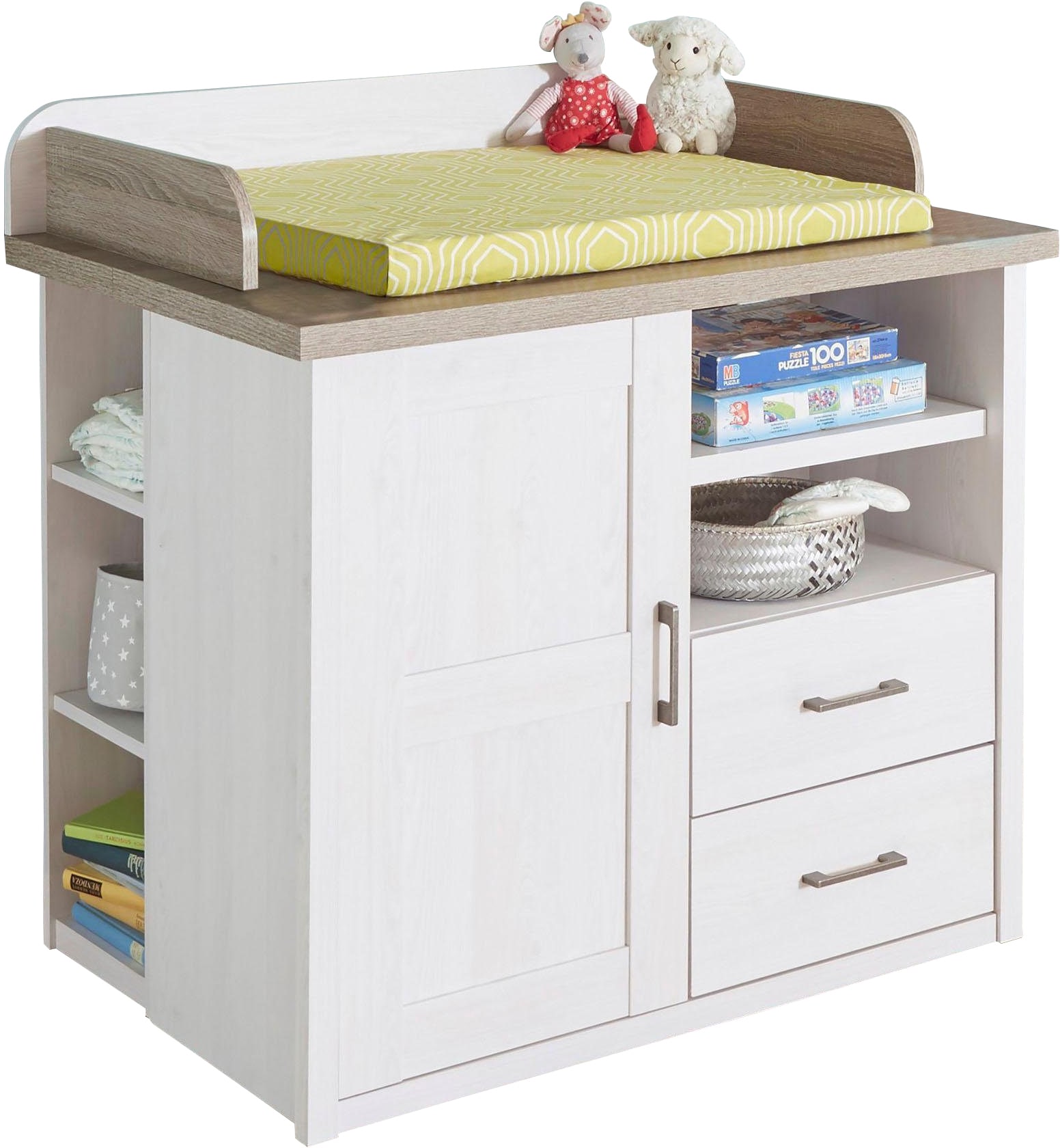 Wickelkommode BEGABINO "Luca", weiß (pinie weiß, trüffel), B:106cm H:102cm T:75cm, Spanplatte, Wickelkommoden, umbaufähig zur Kommode, inkl. Unsterstellregal