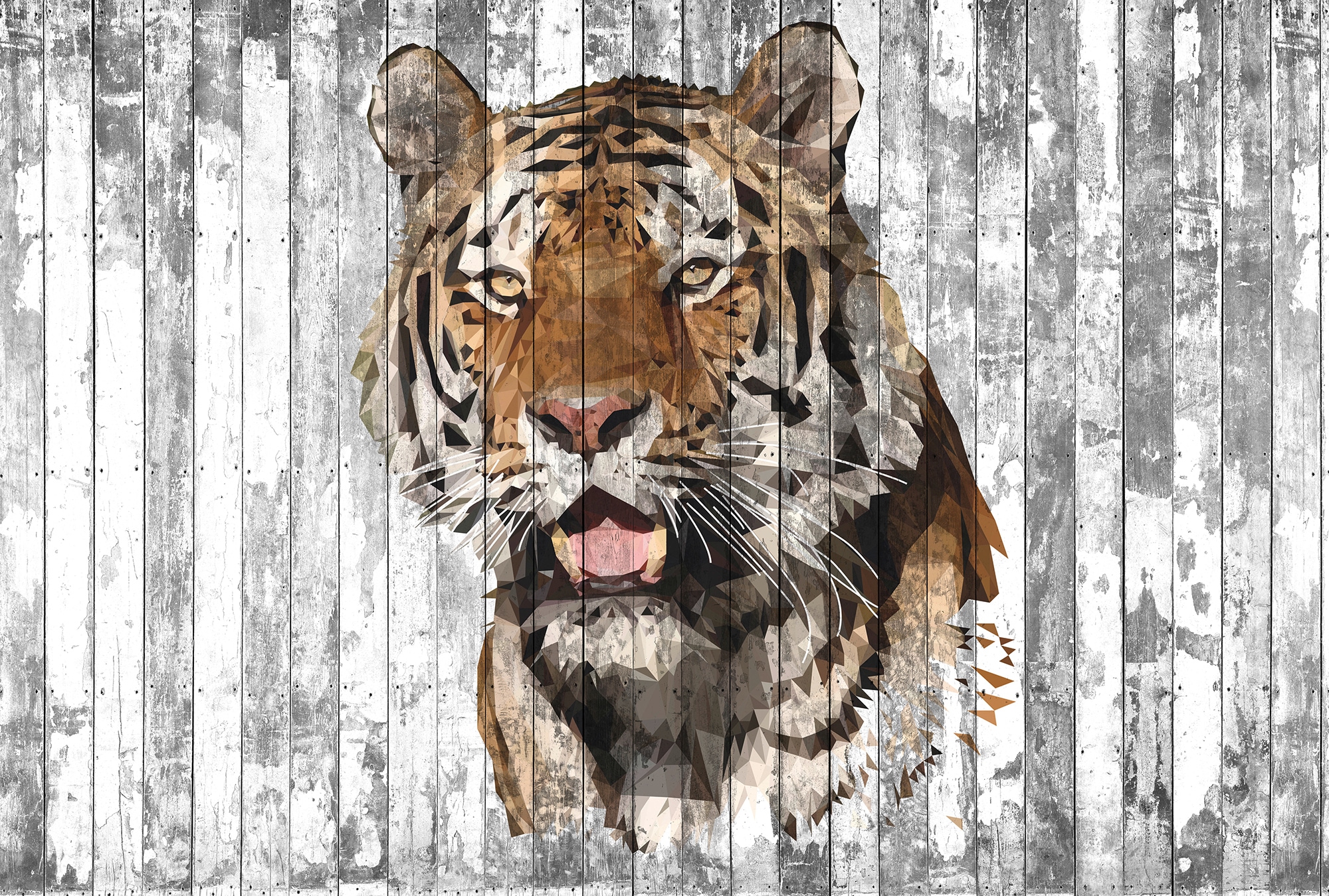 Fototapete ARCHITECTS PAPER "Atelier 47 Polygon Tiger 2", bunt (weiß, hellgrau, schwarz), B:4m L:2,7m, Vlies, Tapeten, Vlies, Wand, Schräge, Decke