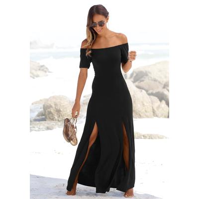Maxikleid LASCANA, Damen, Gr. 34, N-Gr, schwarz, Jersey, Obermaterial: 95% Polyester, 5% Elasthan, modisch, figurumspielend bodenlang, Carmenausschnitt, Kurzarm, Kleider, mit langen Beinschlitzen und Carmenausschnitt, schulterfrei, Basic Image