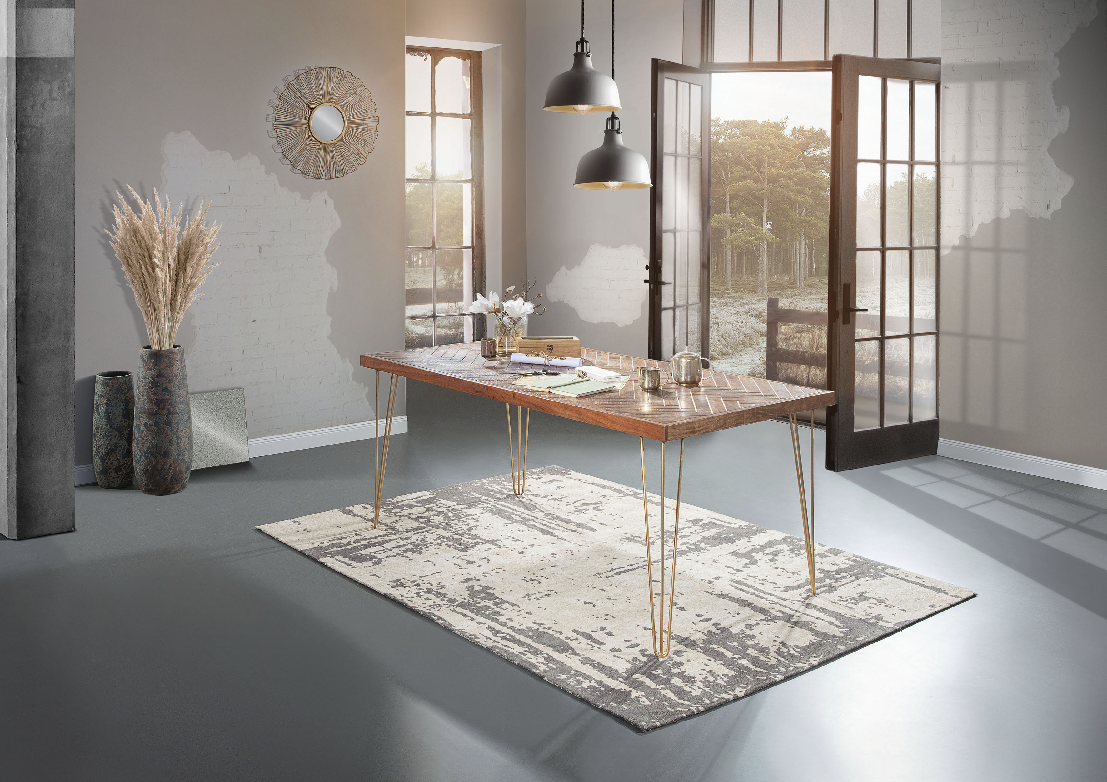 Esstisch GUTMANN FACTORY "Herringbone", bunt (natur, gold, gold, natur), B:160cm H:76cm T:90cm, Tische, Couchtisch Eckige Couchtische Holz-Couchtische, in Fischgrät Optik