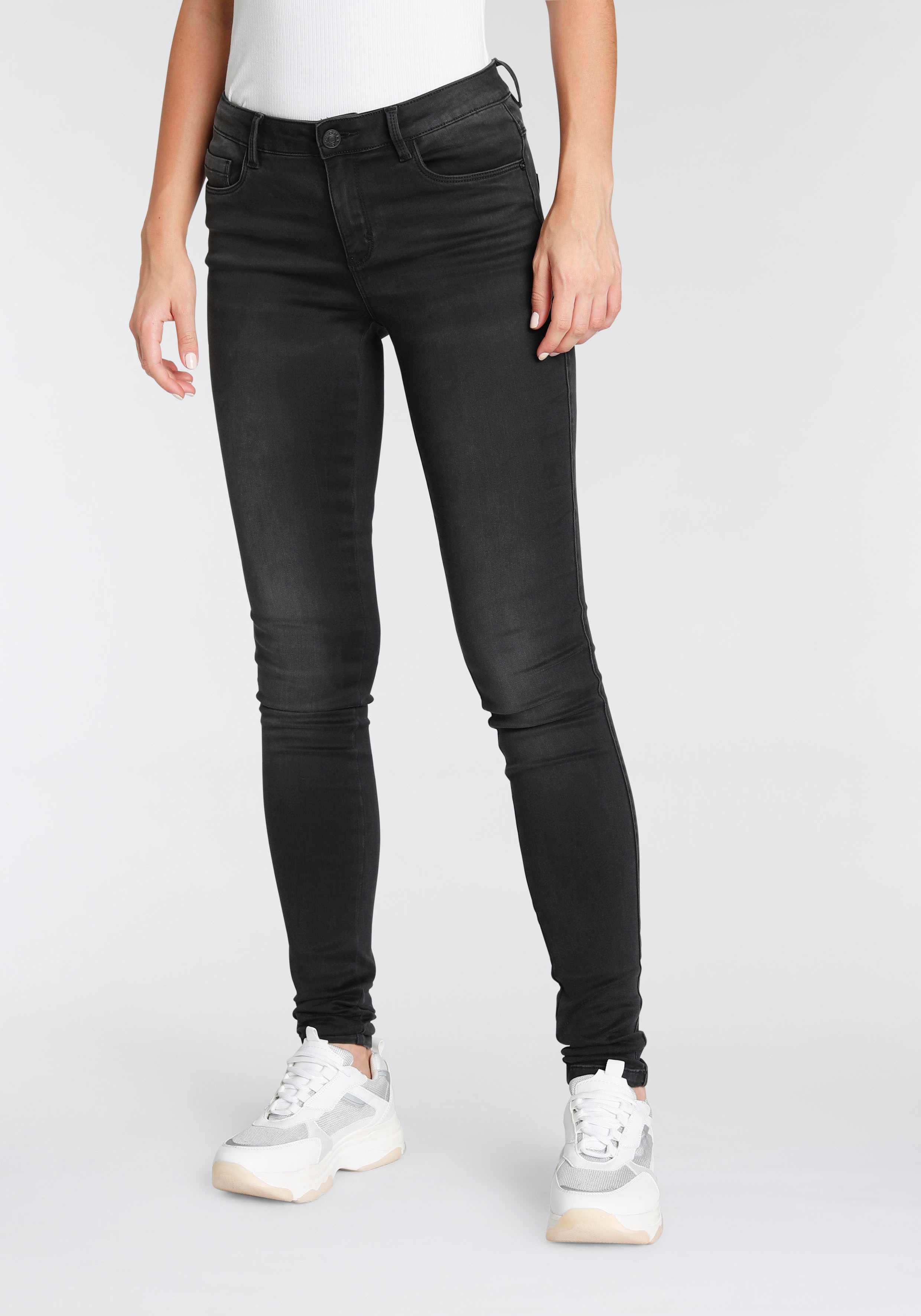 Skinny-fit-Jeans ONLY "ONLPAOLA – Extra-eng geschnittene Jeans mit figurformender Silhouette", Damen, Gr. XS (34), Länge 34, grau (grau denim), Denim/Jeans, Obermaterial: 64% Baumwolle, 31% Polyester, 3% Viskose, 2% Elasthan, unifarben, skinny fit,...