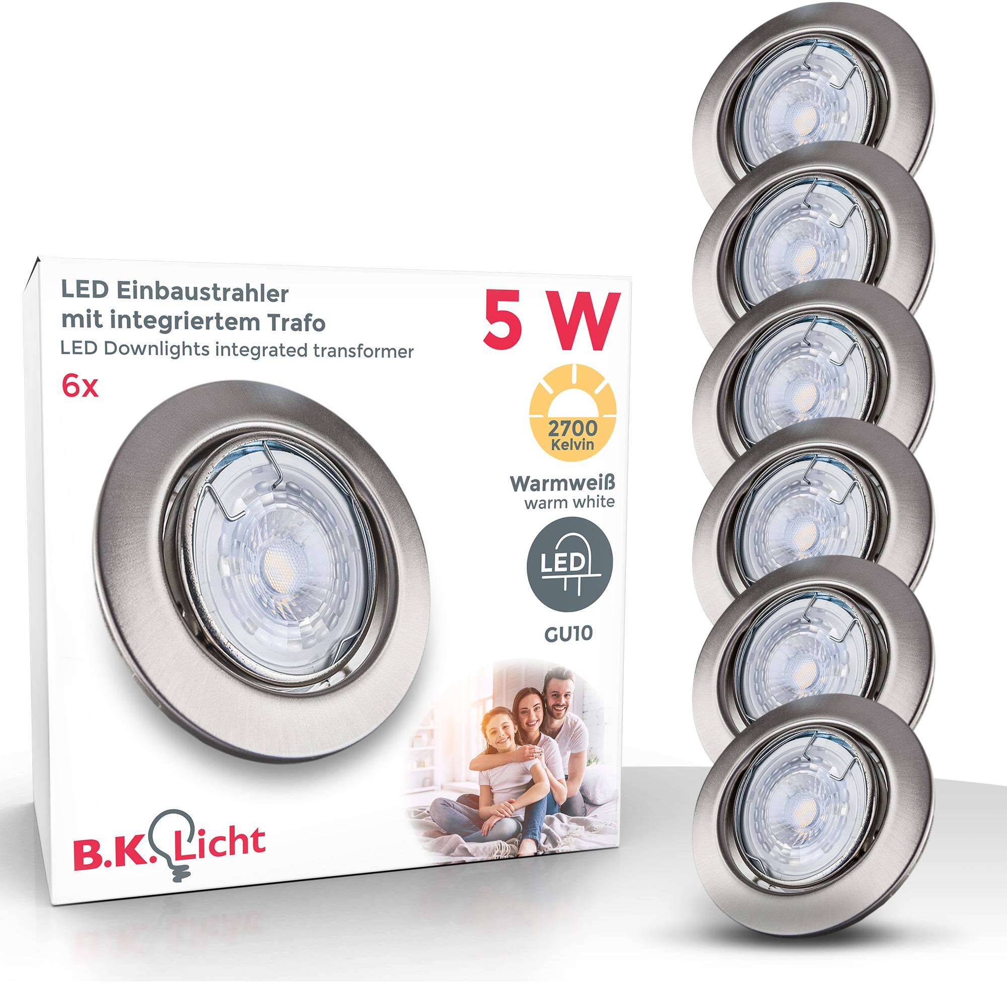 B.K.LICHT LED Einbauleuchte "6er Set Einbaustrahler, Dimmbar, Schwenkbar, LED Einbauspots", silber (silberfarben), 6, Ø 8,6cm, 6 Stk., Leuchten, 3.000K, 400Lm, 5,5W, Kunststoff, 8,6 x 7 cm, Nickel, LED Einbaustrahler LED Deckeneinbaustrahler