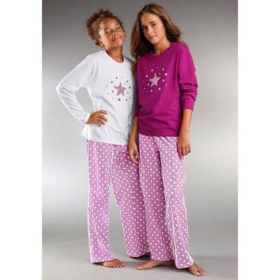 Pyjama PETITE FLEUR, Kinder, Gr. 98/104, lila (weiß, beere), Jersey, Obermaterial: 100% Baumwolle, bedruckt, Basic, lässig geschnitten lang, Rundhals, Langarm abgesteppte Kante, Homewear-Sets, modischer Sternendruck auf den Shirts und Hosen Image