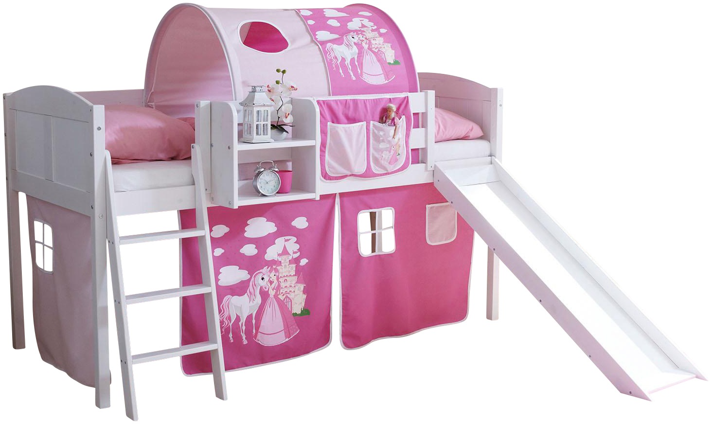 Hochbett TICAA "Ekki", weiß (kiefer massiv weiß gewachst, prinzessin, pink), B:207cm H:118cm L:206cm, Hochbetten, Hochbett, mit Rollrost und in verschiedenen Ausführungen, Kiefer