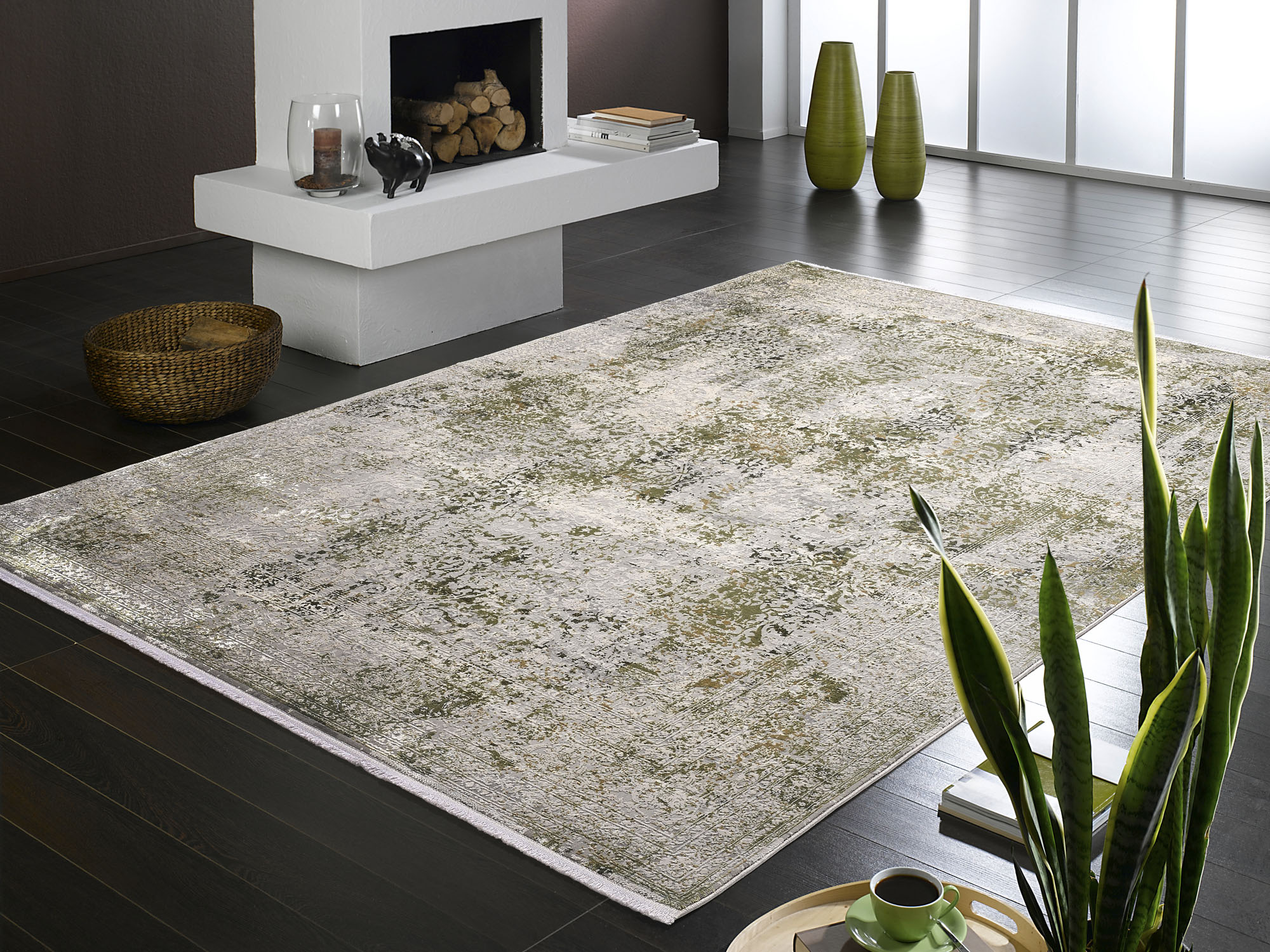 Teppich OCI DIE TEPPICHMARKE "BESTSELLER CAVA", grün (grün, grau), B:240cm H:8mm L:340cm, Kunstfaser, Viskose, Teppiche, Teppich, Glanz Viskose, mit Fransen, Hoch Tief Struktur, Vintage, Wohnzimmer