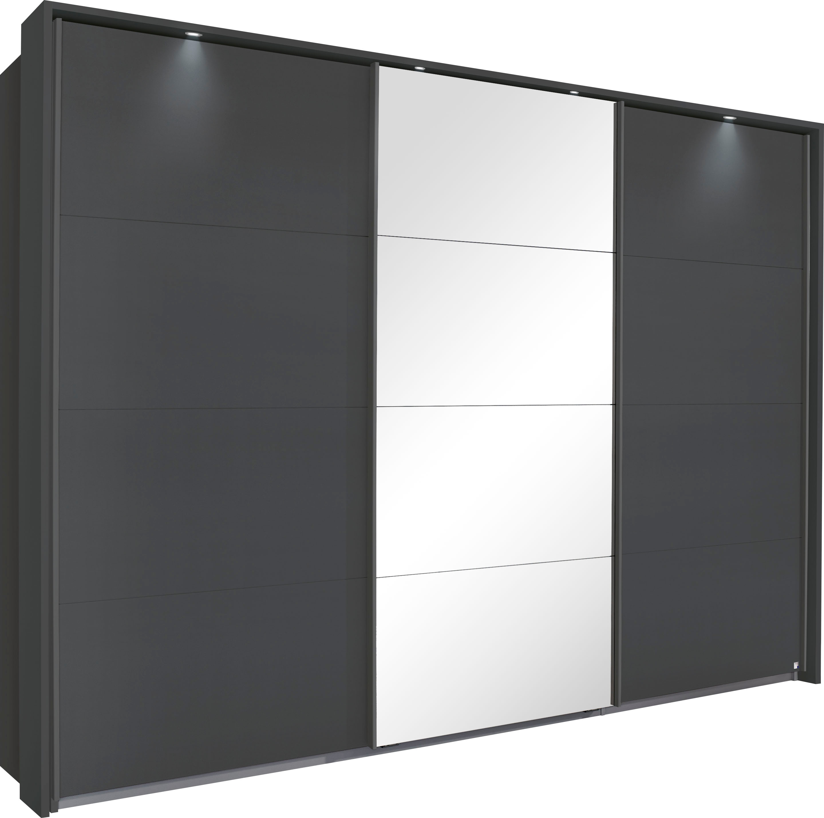 Schwebetürenschrank RAUCH "Kleiderschrank Schrank Garderobe Schlafzimmerschrank TUBONA", grau (graumetallic), B:278cm H:214cm T:64cm, Holzwerkstoff, Schränke, Schwebetürenschrank Kleiderschrank, mit umfangreicher Innenausstattung und Passepartout...