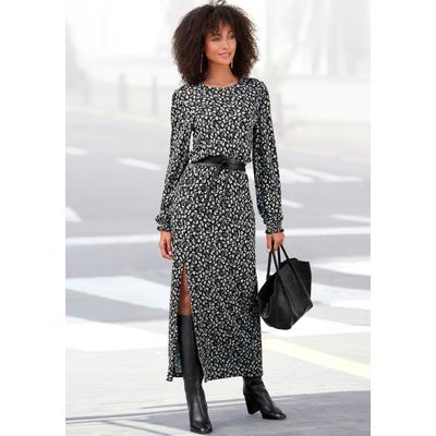 Midikleid LASCANA, Damen, Gr. 42, N-Gr, schwarz (schwarz, bedruckt), Jersey, Obermaterial: 100% Viskose, geblümt, modisch, figurumspielend bodenlang, Rundhals, Langarm mit Gummizug, Kleider, mit Blümchendruck und Beinschlitz, Druckkleid, langärmlig Image