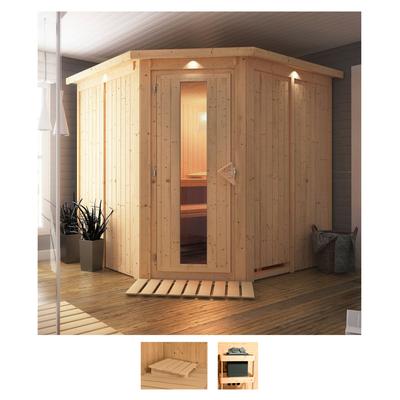 Sauna KARIBU "Jarin", beige (naturbelassen), ohne Ofen, (ohne Ofen), Saunen, ohne Ofen