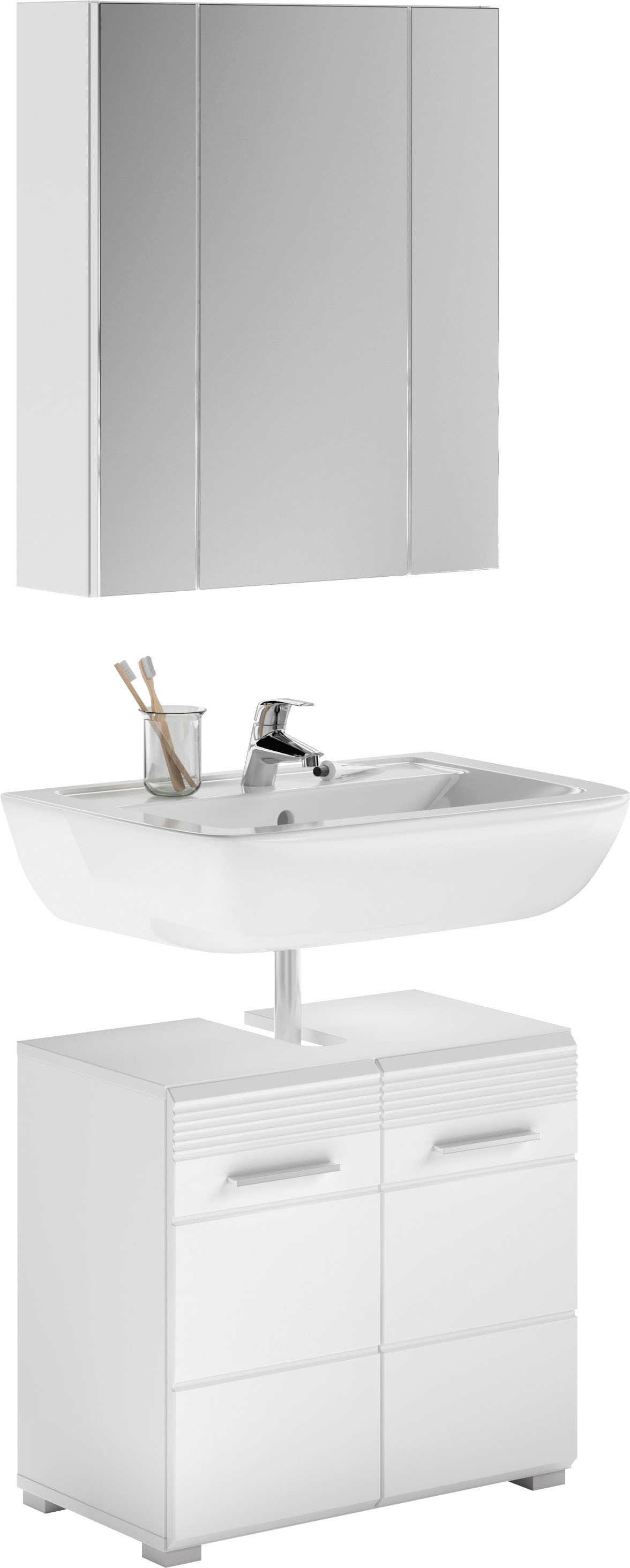 Badmöbel-Set INOSIGN "Malmö, 2 teilig, bestehend aus: Waschbeckenunterschrank, Spiegel", weiß (weiß, weiß hochglanz), B:60cm H:182cm T:34cm, Holzwerkstoff, MDF, Kastenmöbel-Sets, Badmöbel-Set, Badmöbel, Bad Kombination, Kombination, Kombi, Badezimmer