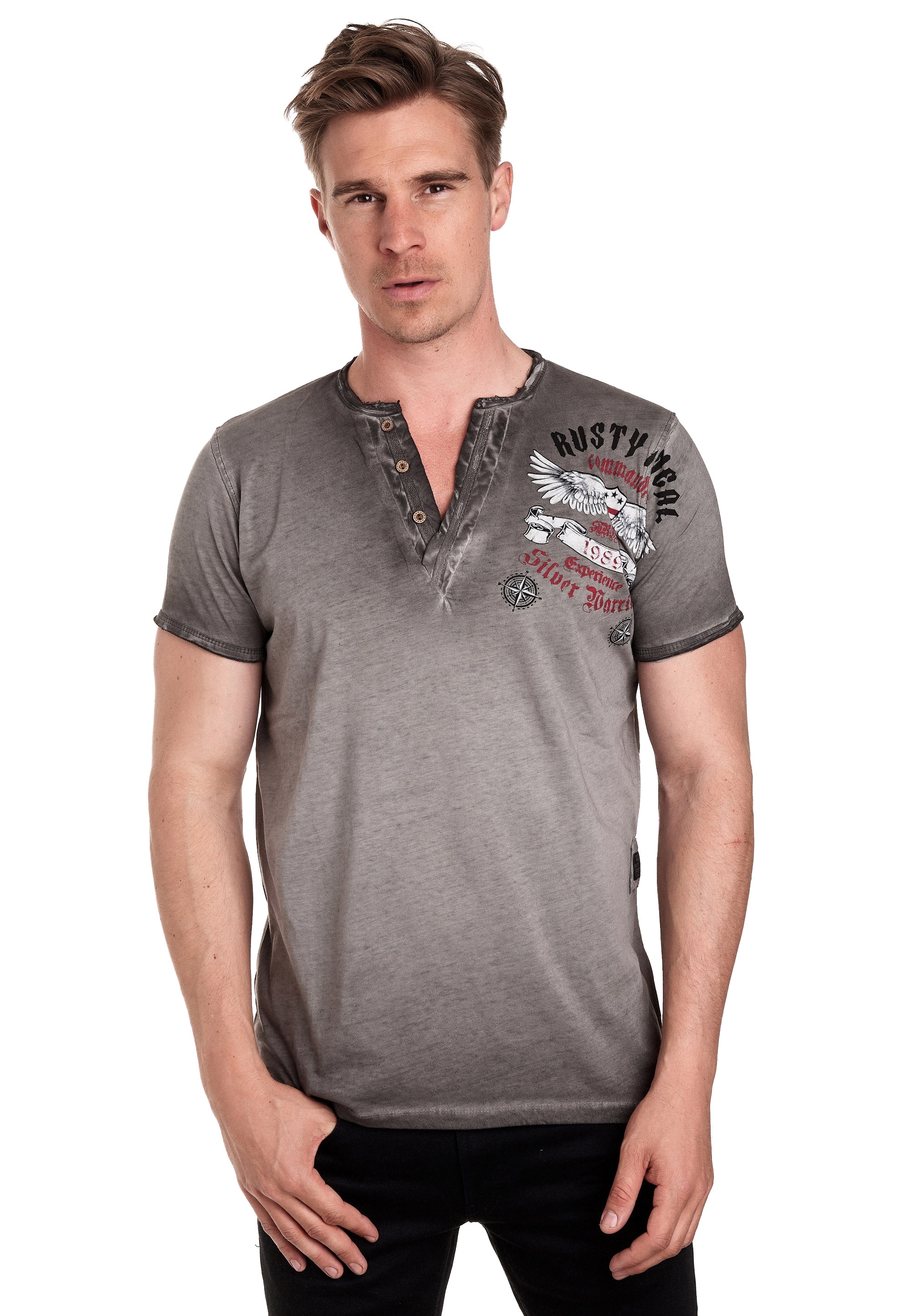 T-Shirt RUSTY NEAL, Herren, Gr. L, grau (anthrazit), 100% Baumwolle, bedruckt, meliert, Rundhals, Shirts, mit modischer Knopfleiste Image