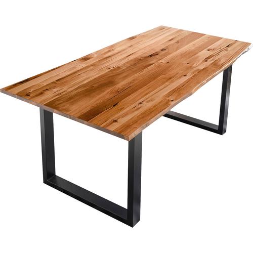 Baumkantentisch SALESFEVER, braun (cognac, schwarz, schwarz, cognac), B:140cm H:77cm T:80cm, Tische, Holz-Esstische Rechteckiger Esstisch, Sichtbare Maserung und Astlöcher, Esstisch aus Massivholz