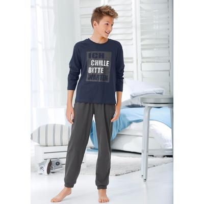 Pyjama AUTHENTIC LE JOGGER, Kinder, Gr. 182, grau (marine, anthrazit), Jersey, Obermaterial: 100% Baumwolle, bedruckt, Basic, lässig geschnitten lang, Rundhals, Langarm abgesteppte Kante, Homewear-Sets, Schlafanzug mit Spruch "Ich chille bitte warten" Image