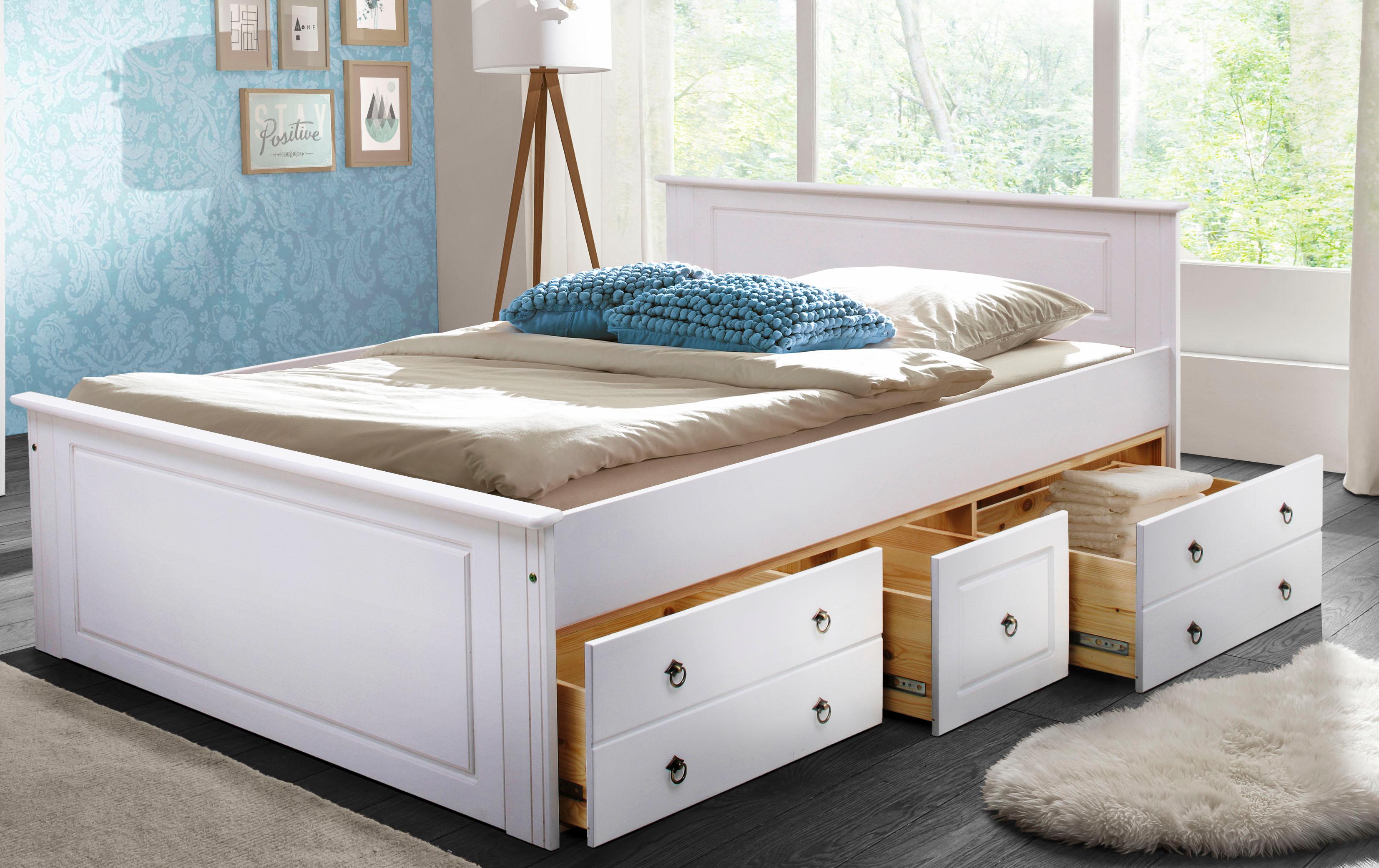 Massivholzbett OTTO HOME "Hugo, hohe Belastbarkeit FSC zertifiziertes Massivholz, Landhausstil", weiß, B:152cm H:84,5cm L:212cm, Betten, Stauraumbett Möbel Massivholzbett Bettgestell, Stauraumbett aus massiver Kiefer