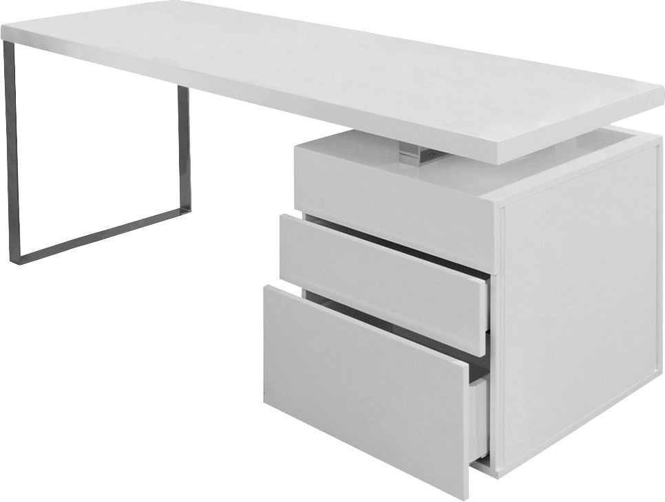 Schreibtisch SALESFEVER "Varberg - Arbeitsplatz Deluxe Design-Laptoptisch", weiß (weiß, chromfarben, chromfarben, weiß), B:180cm H:76cm T:85cm, Tische, Mit praktischen 3 Schubladen-Container inklusive