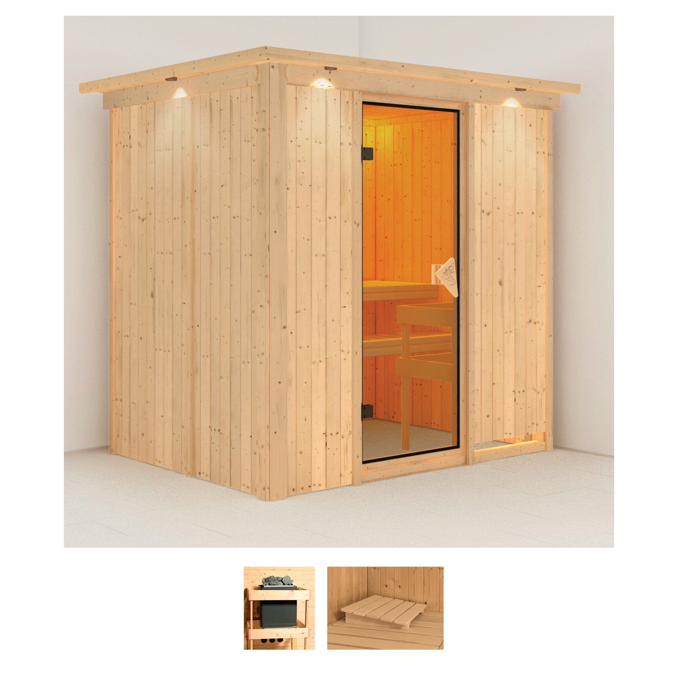 Sauna KARIBU "Bedine", beige (naturbelassen), ohne Ofen, (ohne Ofen), Saunen, ohne Ofen Image